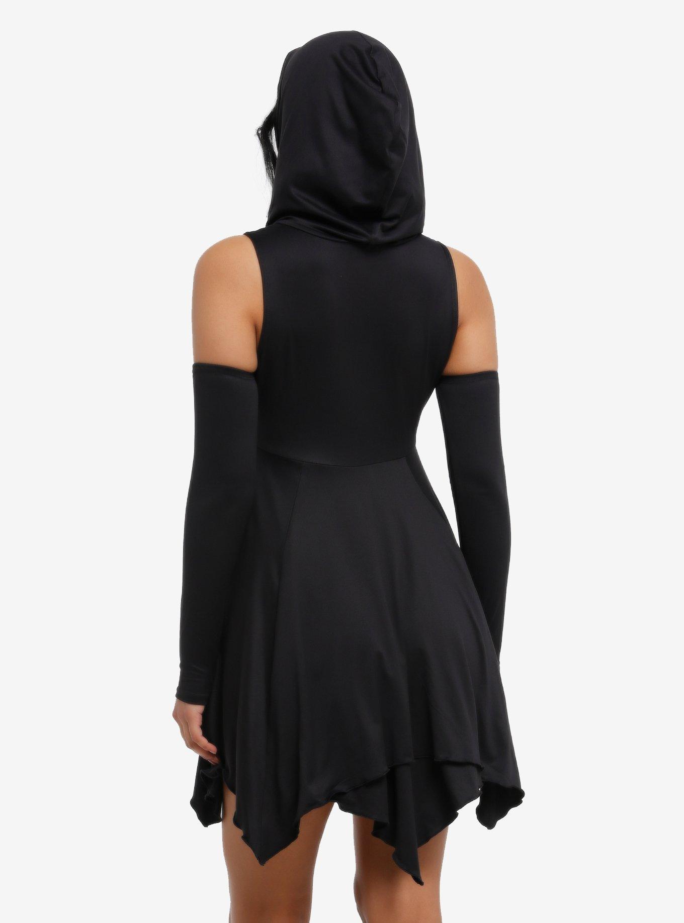Cosmic Aura Black Hanky Hem Cold Shoulder Hooded Dress, BLACK, alternate