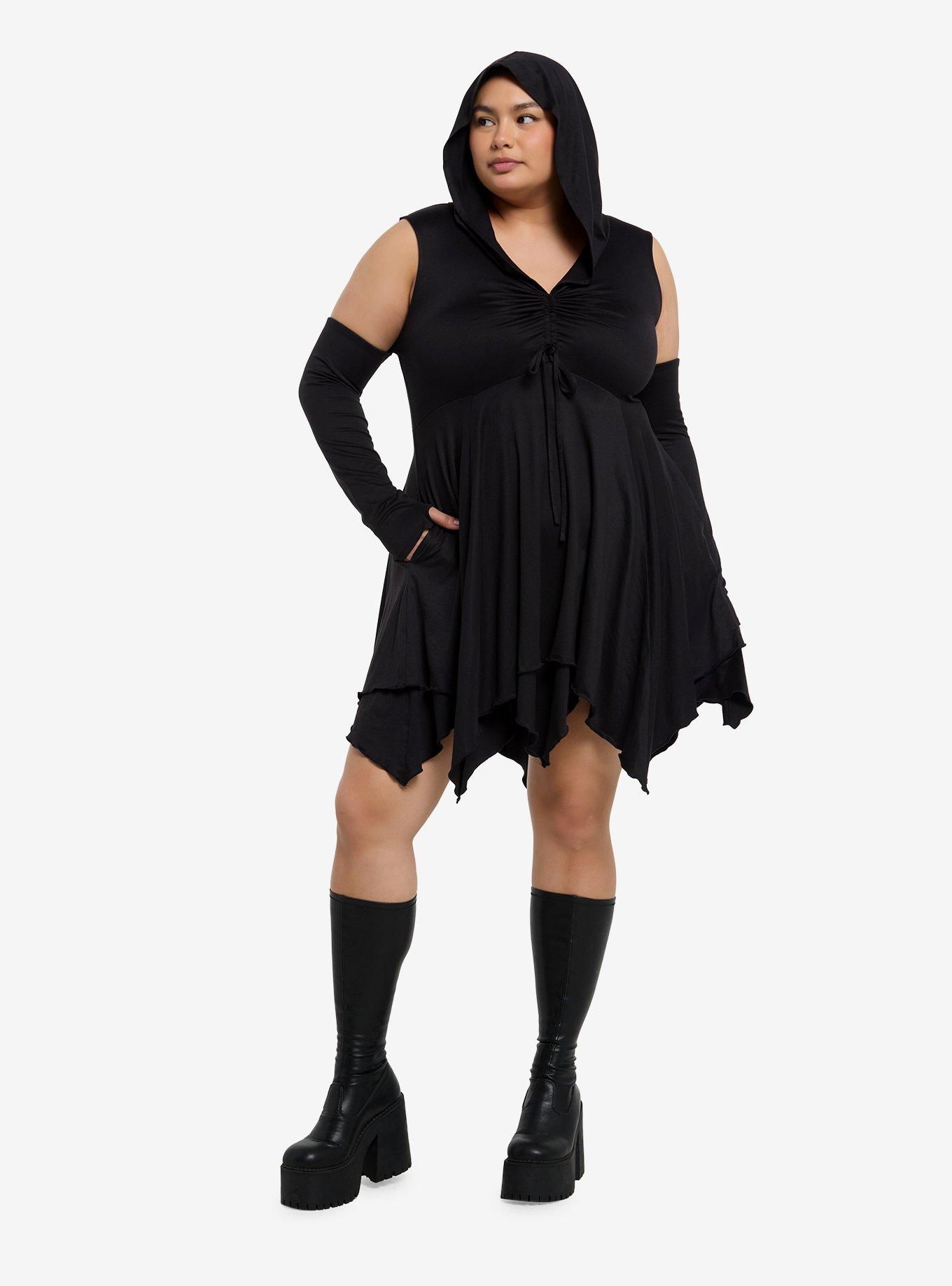 Cosmic Aura Black Hanky Hem Cold Shoulder Hooded Dress Plus Size, , hi-res