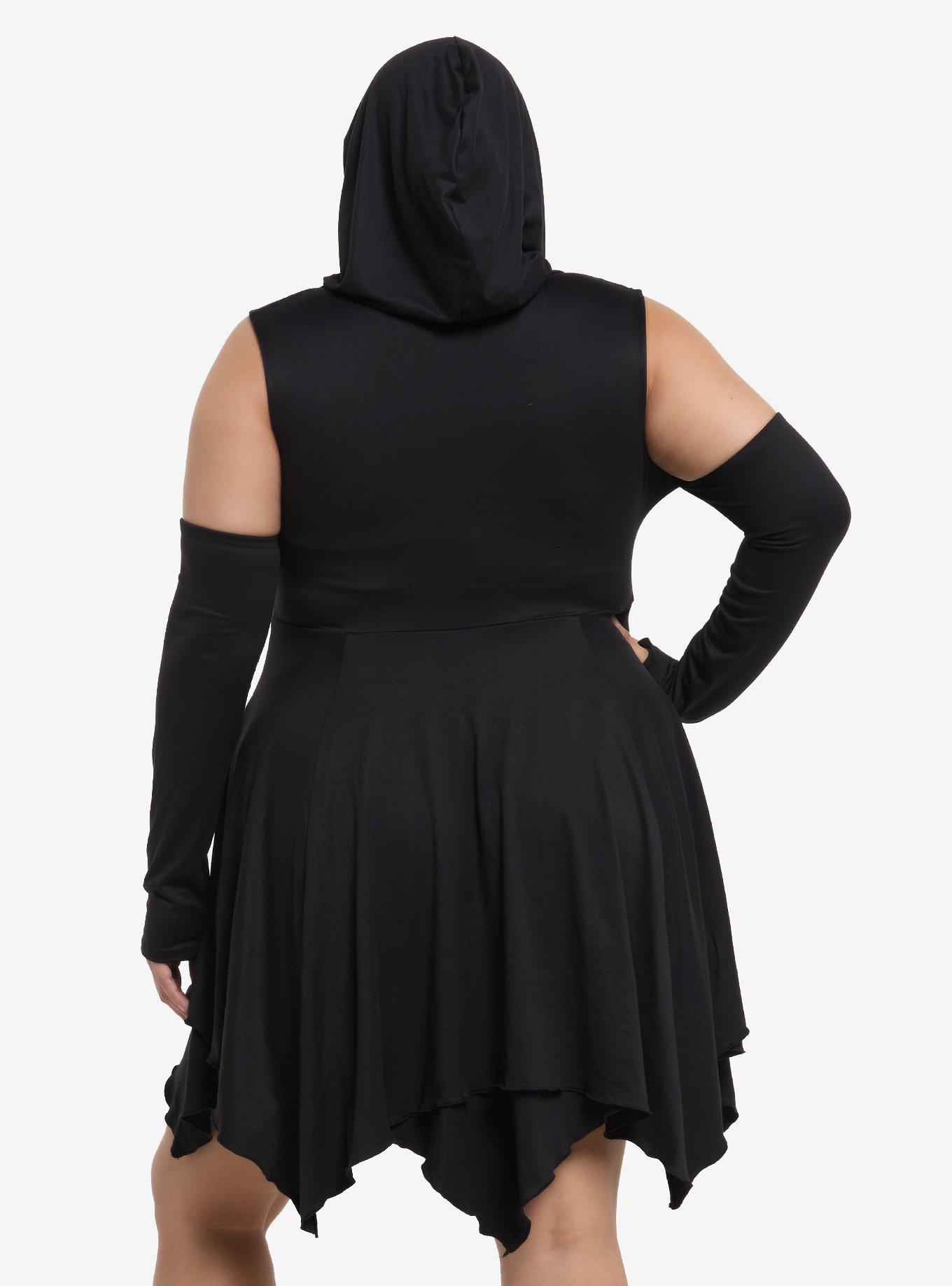 Cosmic Aura Black Hanky Hem Cold Shoulder Hooded Dress Plus Size, BLACK, alternate