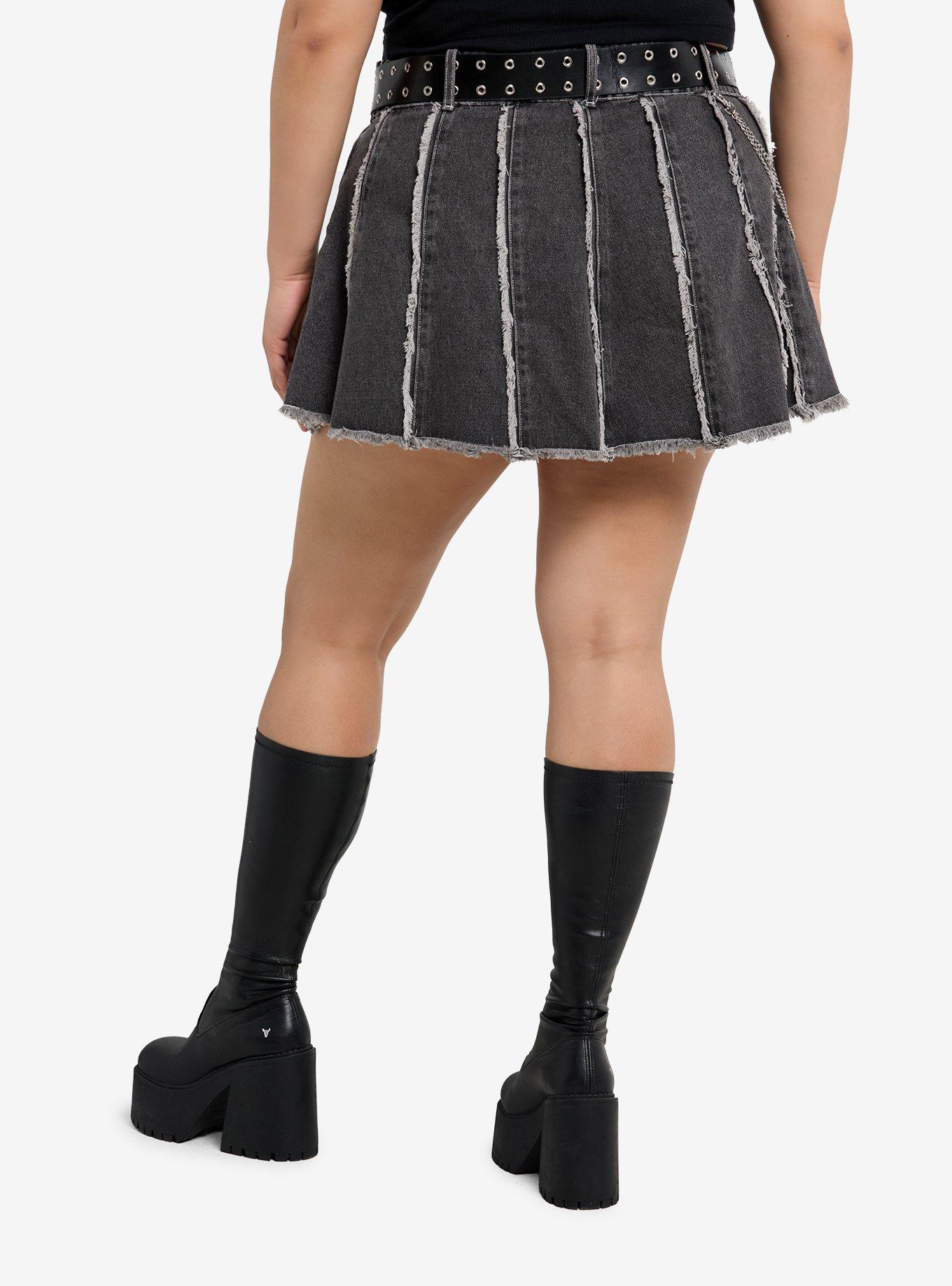 Dark Grey Frayed Denim Mini Skirt Plus Size, , hi-res