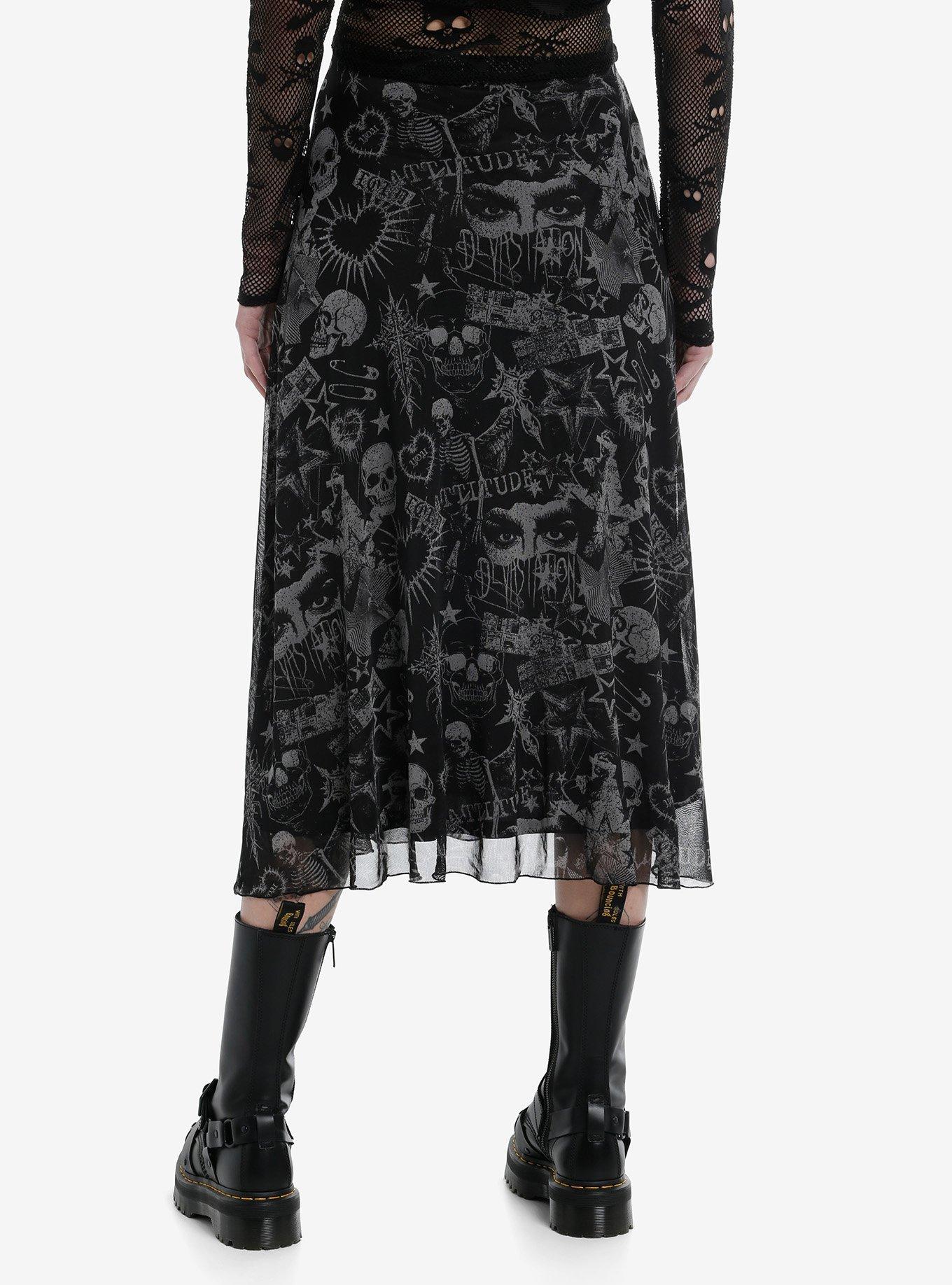 Skulls & Spiked Hearts Mesh Midi Skirt, , hi-res