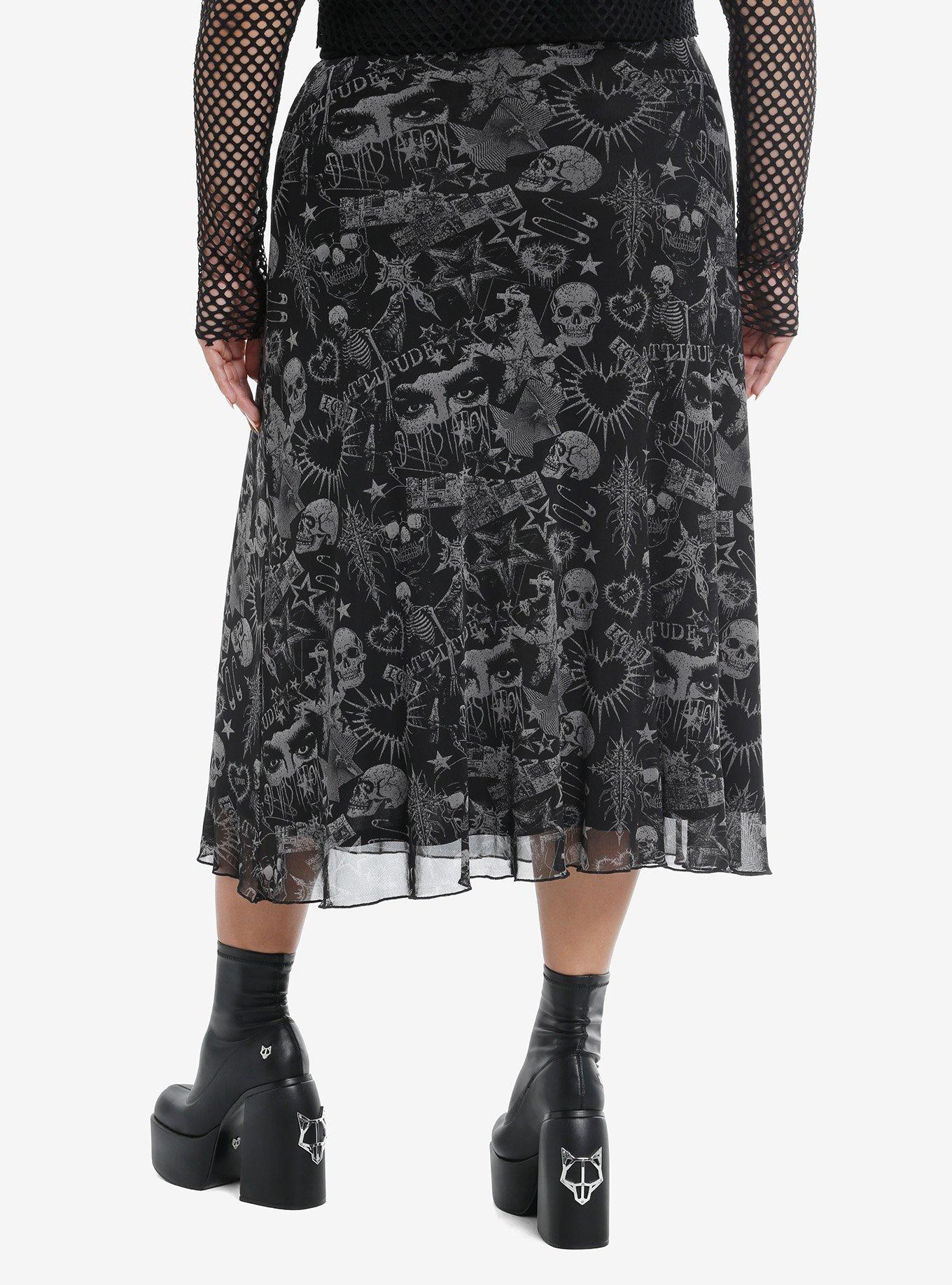 Skulls & Spiked Hearts Mesh Midi Skirt Plus Size, , hi-res