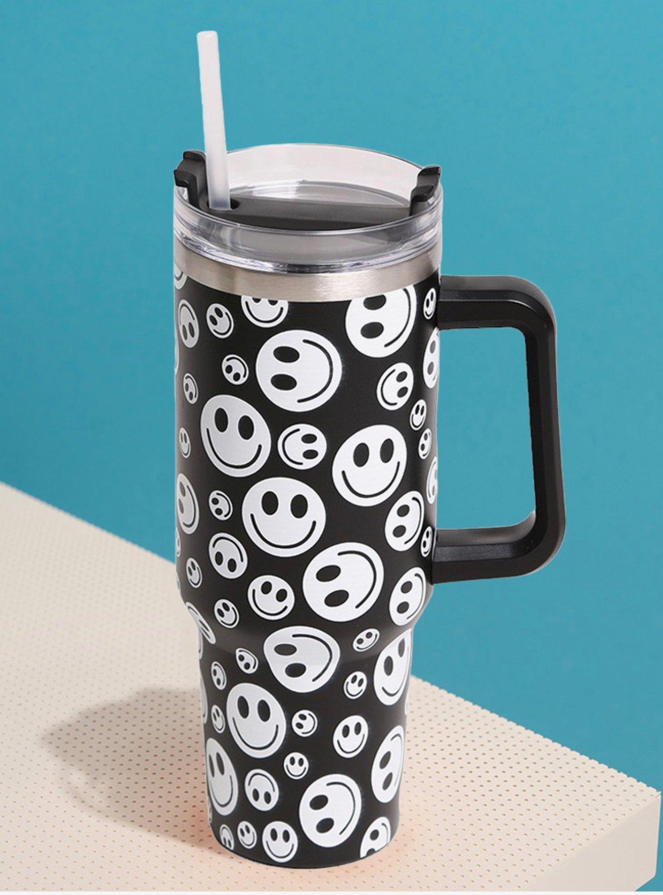 Black & White Happy Face Printed 40oz Tumbler, , hi-res