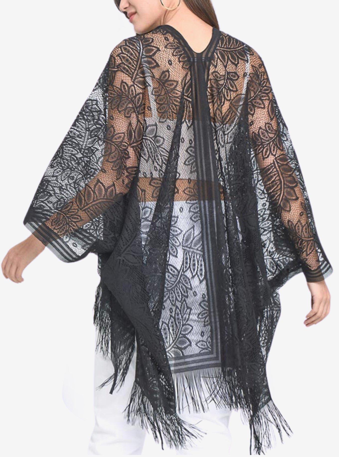 Black Lace Boho Fringe Kimono, , alternate