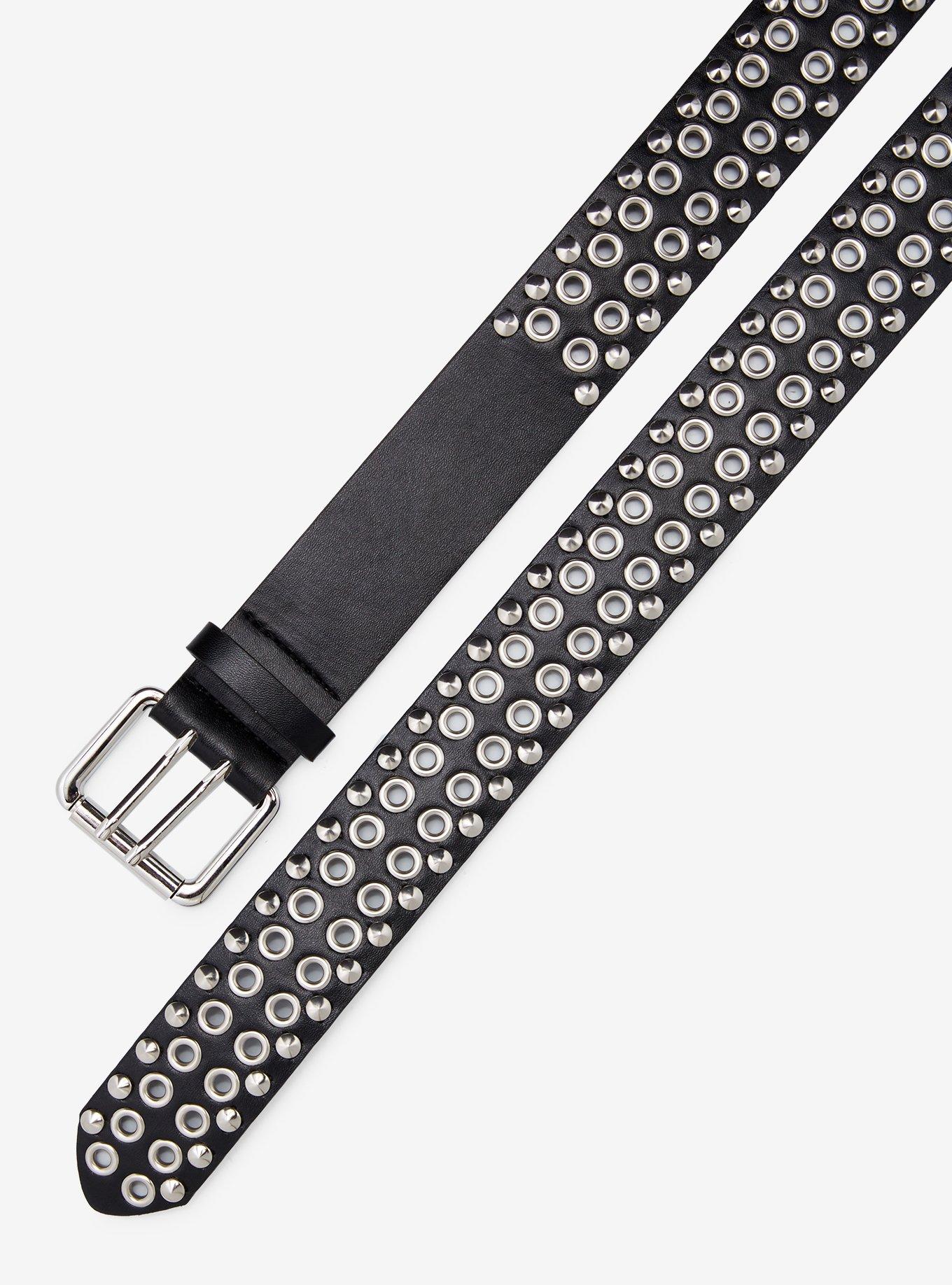 Black & Silver Stud Grommet Belt, , hi-res