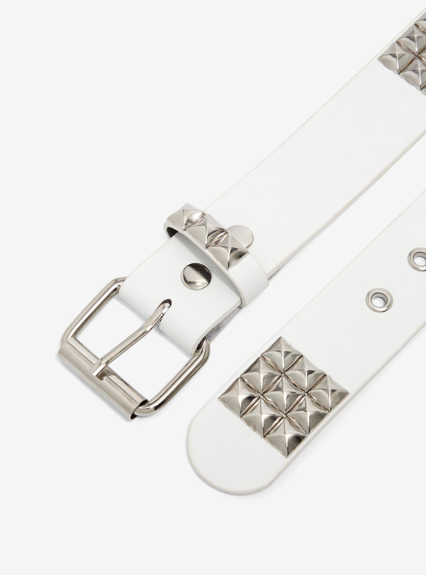 White Three Row Pyramid Stud Belt, , hi-res