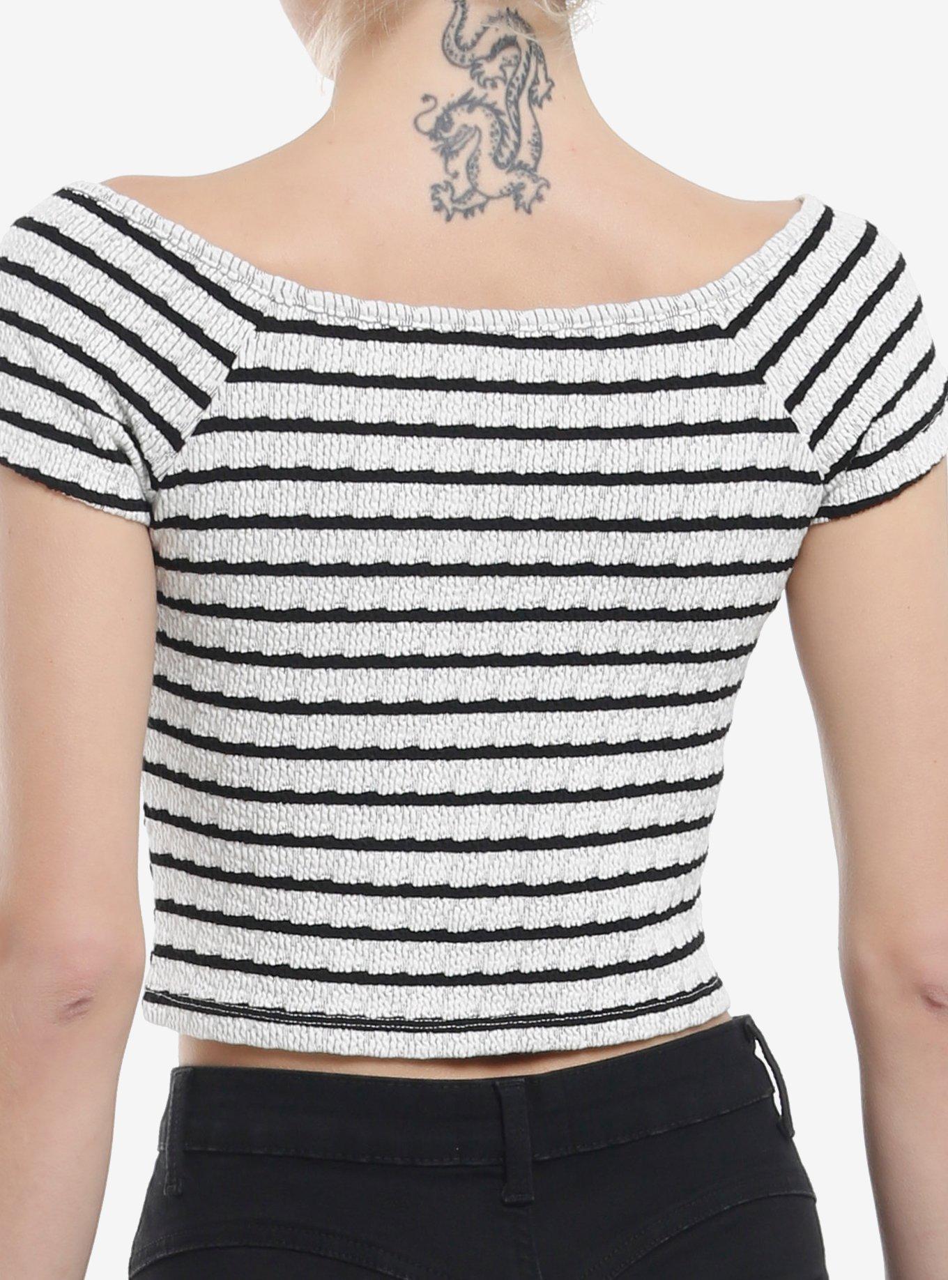 Black & White Stripe Ruched Girls Crop Top, , alternate