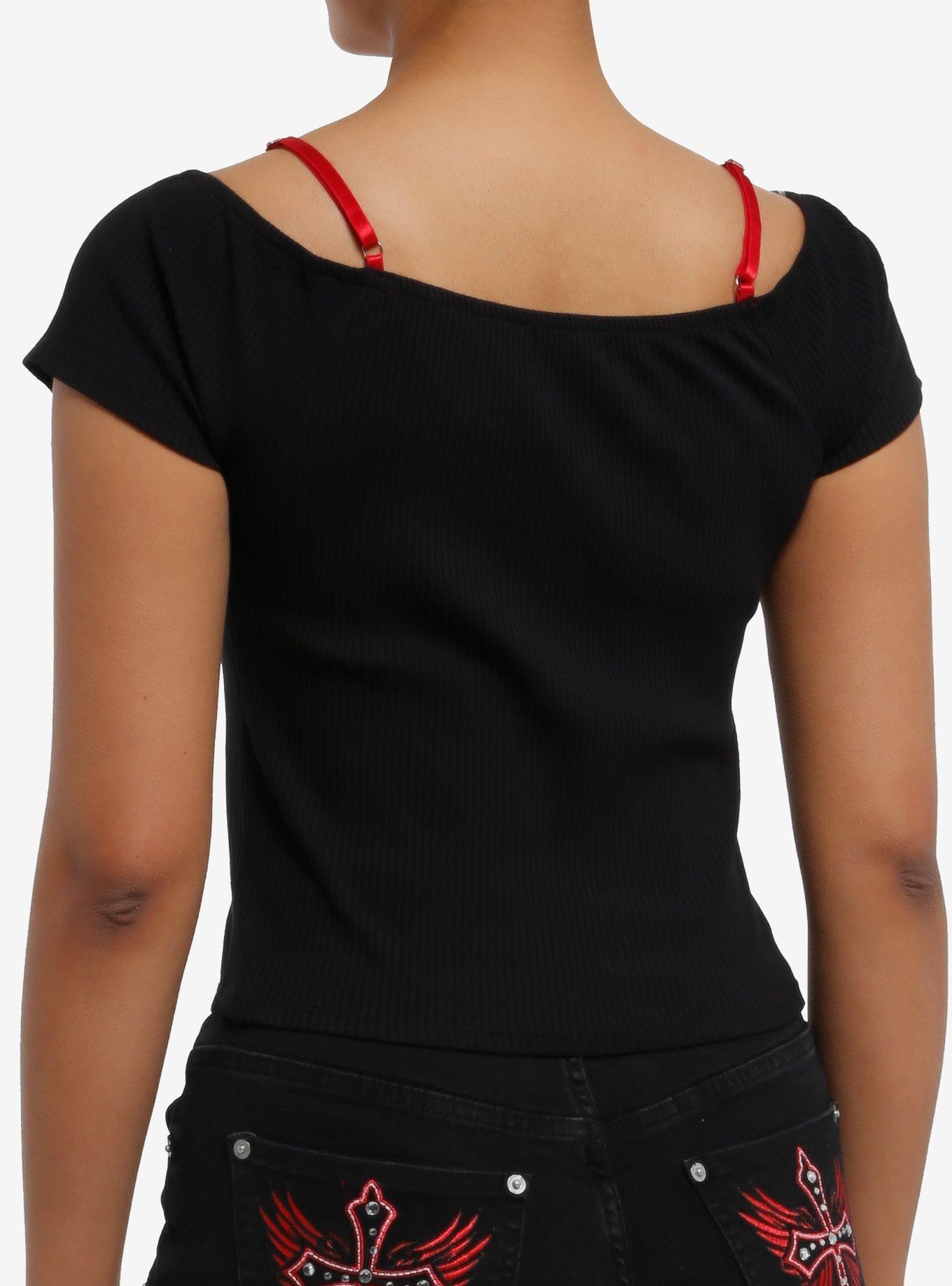 Thorn & Fable Black & Red Lace Off-Shoulder Girls Crop Top, RED, alternate