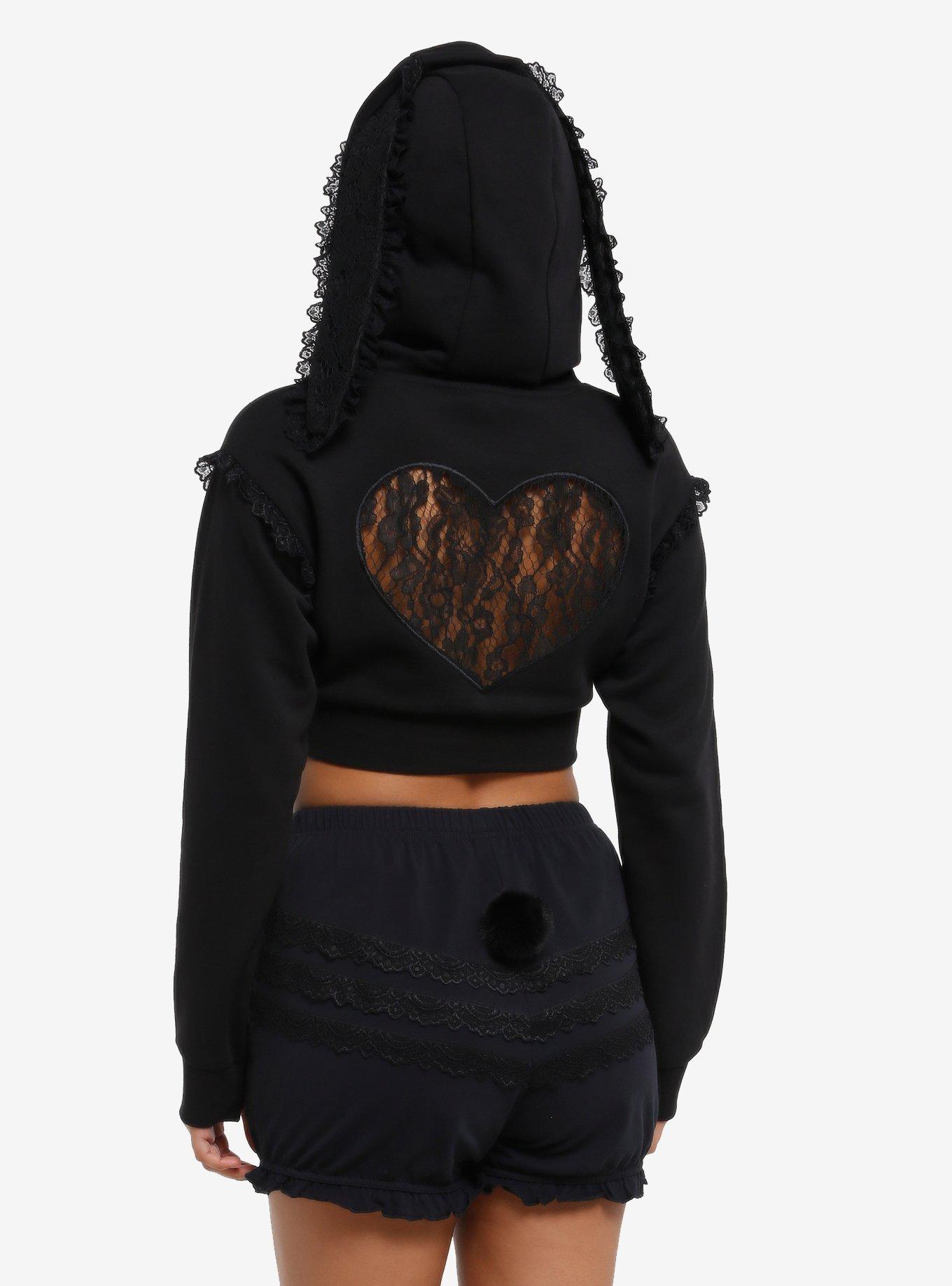 Black Bunny Ears Girls Crop Hoodie, , hi-res