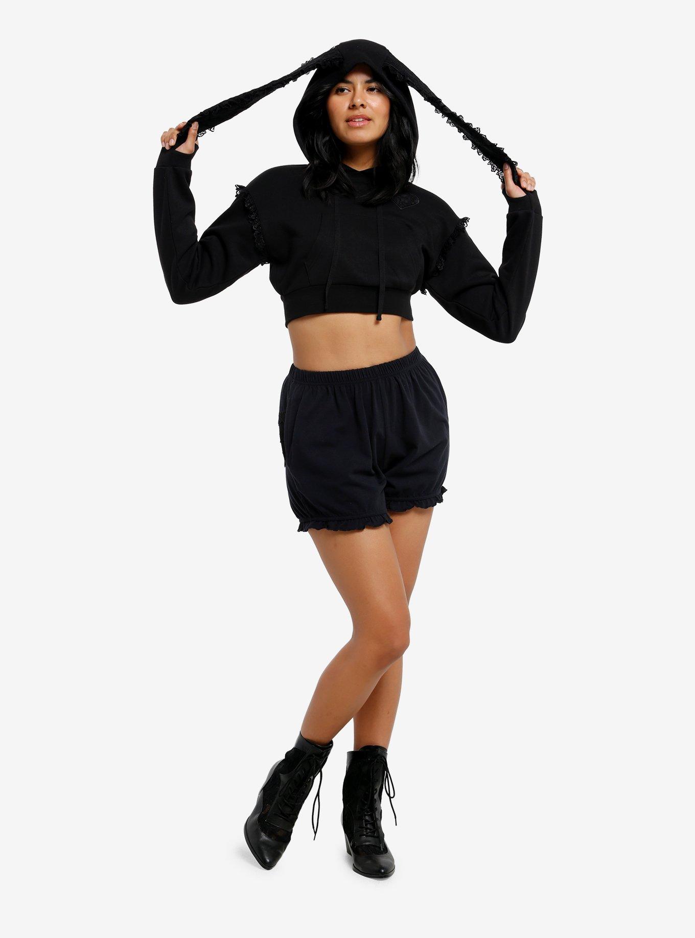 Black Bunny Ears Girls Crop Hoodie, BLACK, alternate