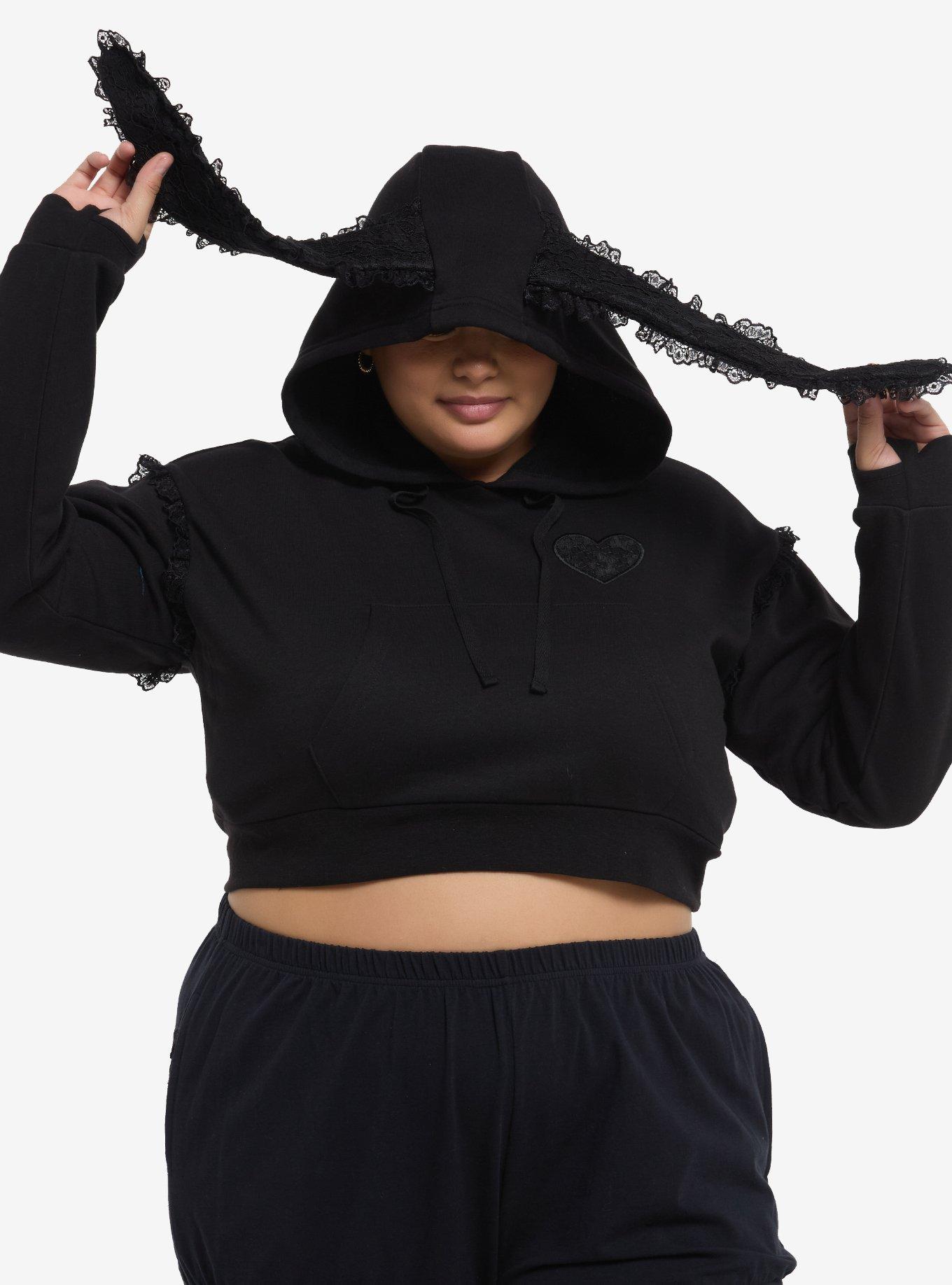 Black Bunny Ears Girls Crop Hoodie Plus Size, BLACK, alternate