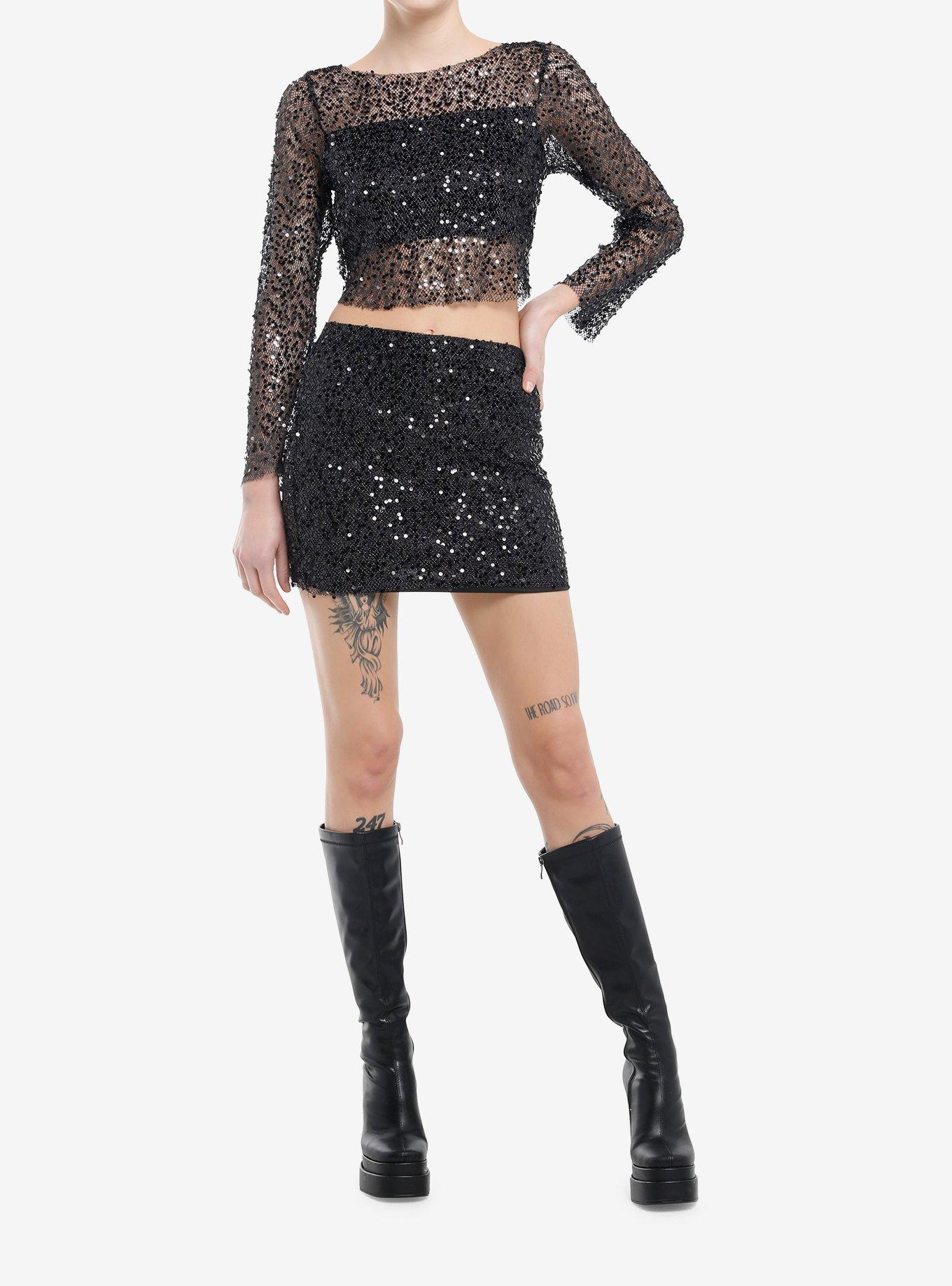 Black Sequin Girls Long-Sleeve Top & Skirt Set, , hi-res