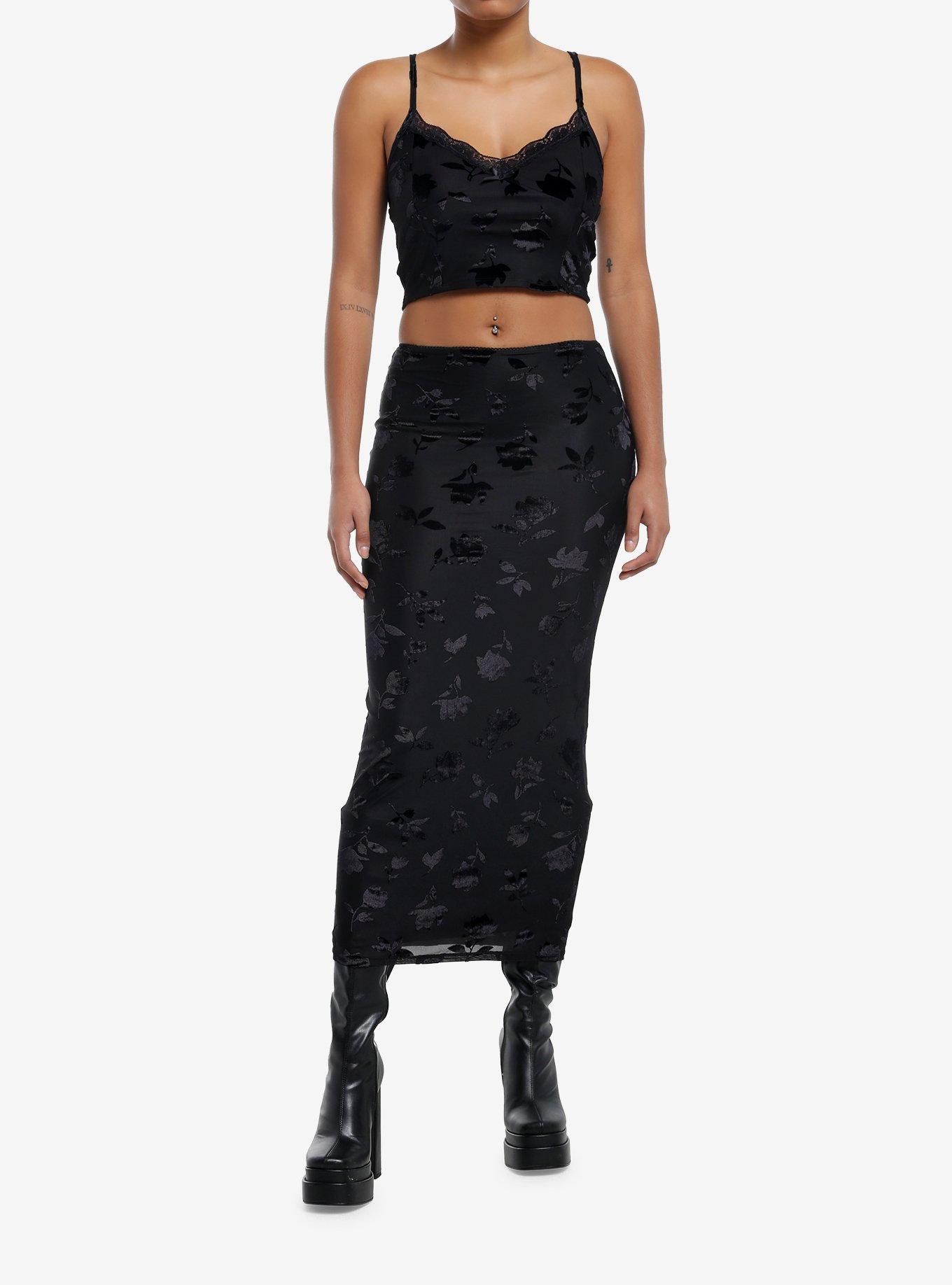 Black Floral Velvet Cami & Skirt Set, , hi-res