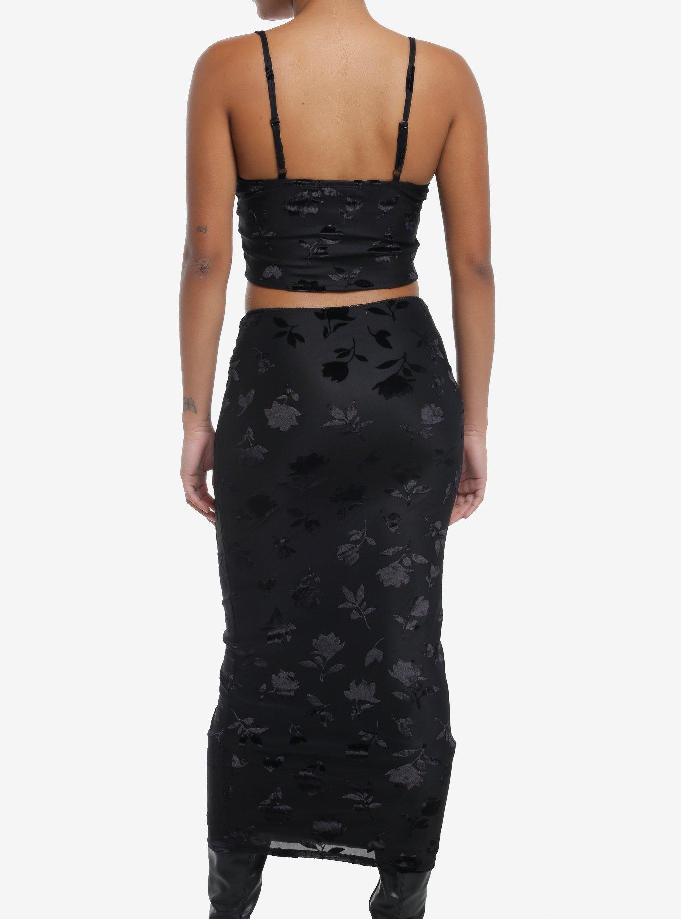 Black Floral Velvet Cami & Skirt Set, BLACK, alternate