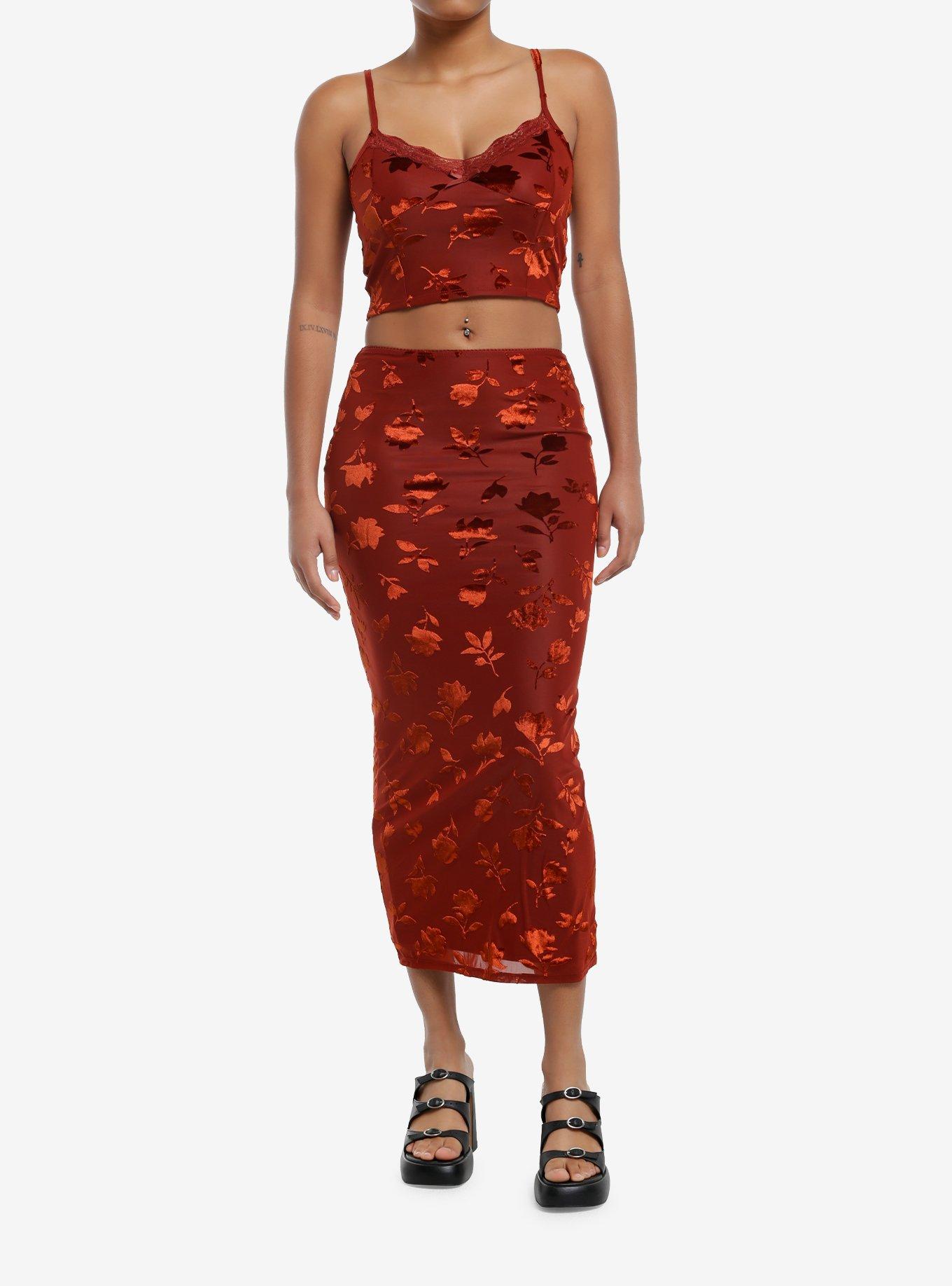 Rust Floral Velvet Cami & Skirt Set, , hi-res