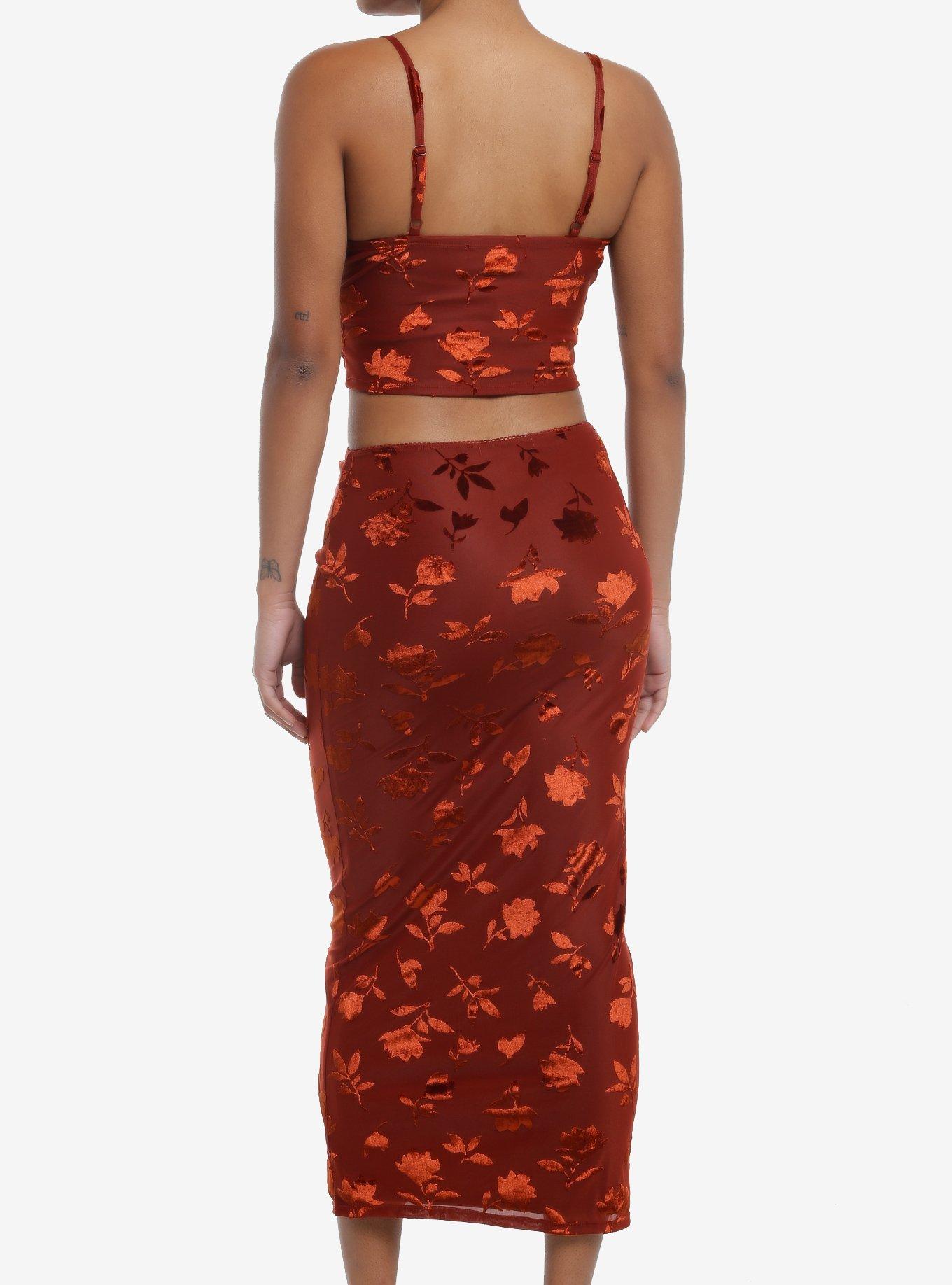 Rust Floral Velvet Cami & Skirt Set, RUST, alternate