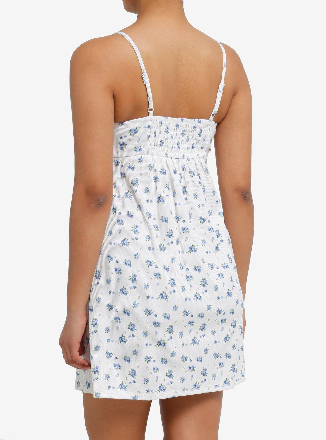 Blue Ditsy Floral Ruffle Empire Cami Dress, BLUE, alternate