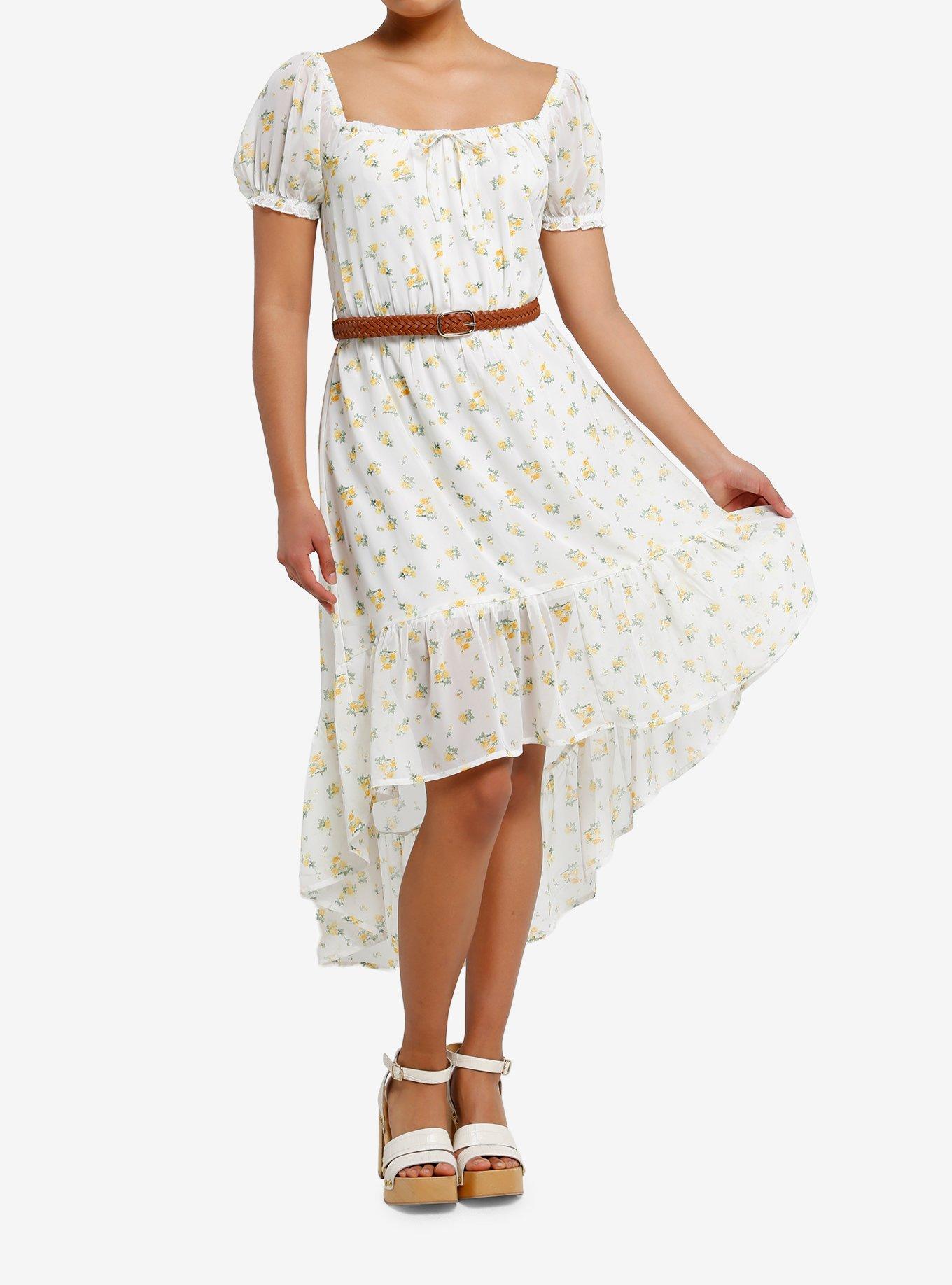 Yellow Floral Ditsy Belted Hi-Low Dress, , hi-res