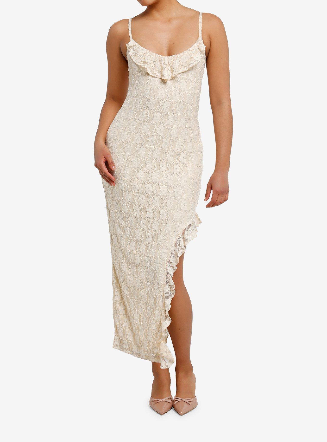 Cream Ruffle Lace Slit Midi Dress, , hi-res