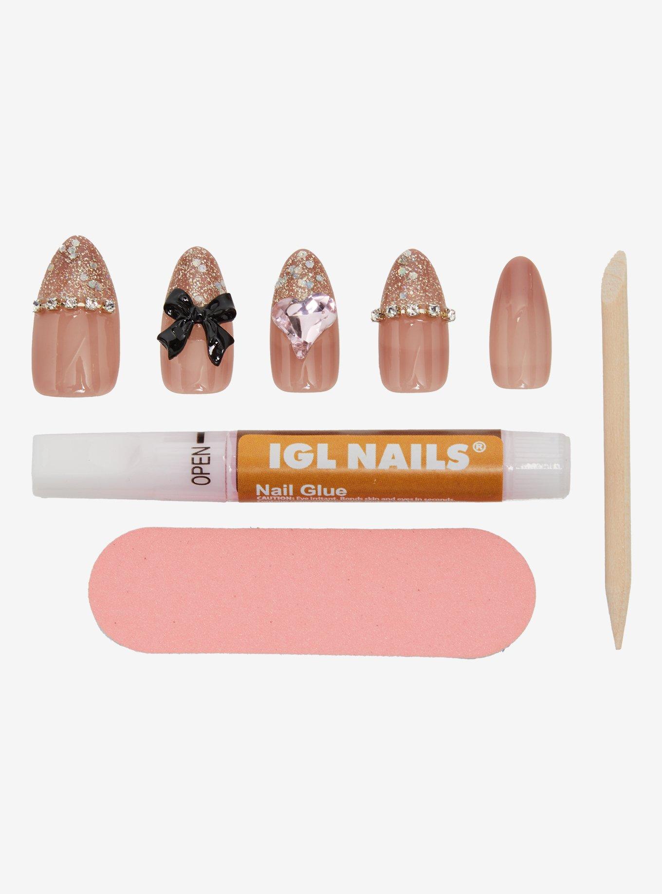 IGL Nails Glitter Bow Heart Press On Nails, , hi-res