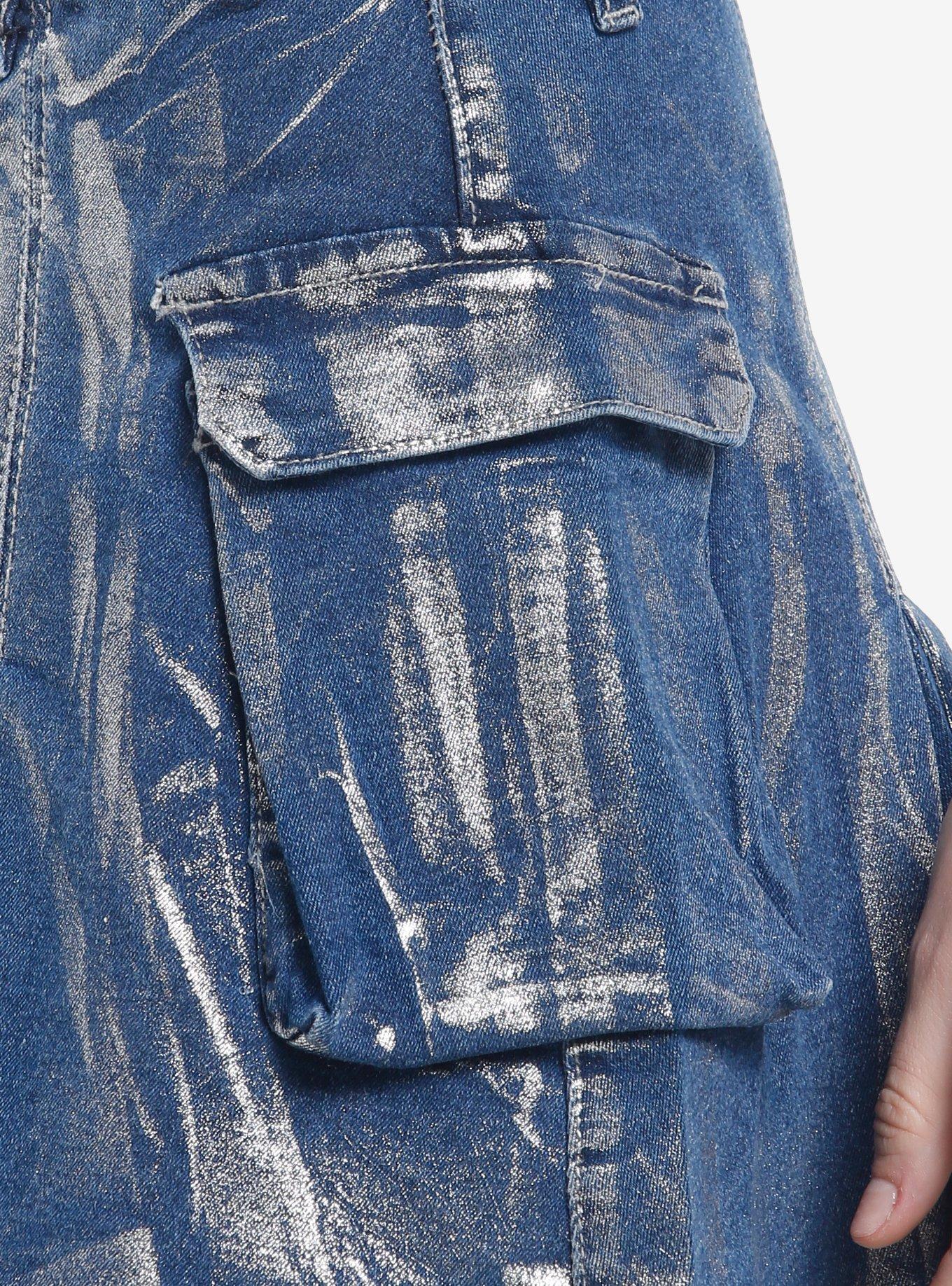 Silver Coated Blue Denim Cargo Skirt, SILVER, alternate