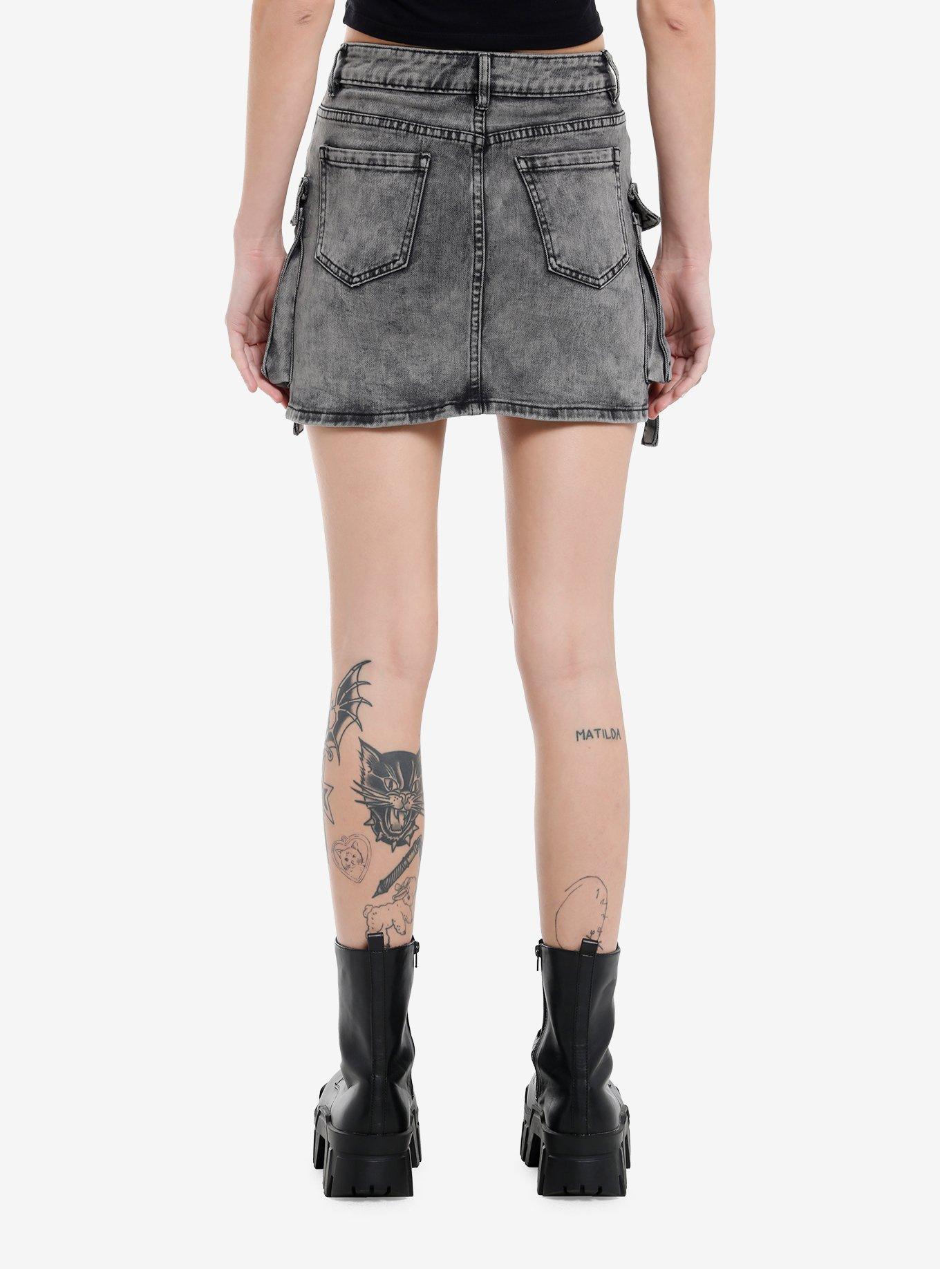 Faded Black Denim Cargo Skirt, , hi-res