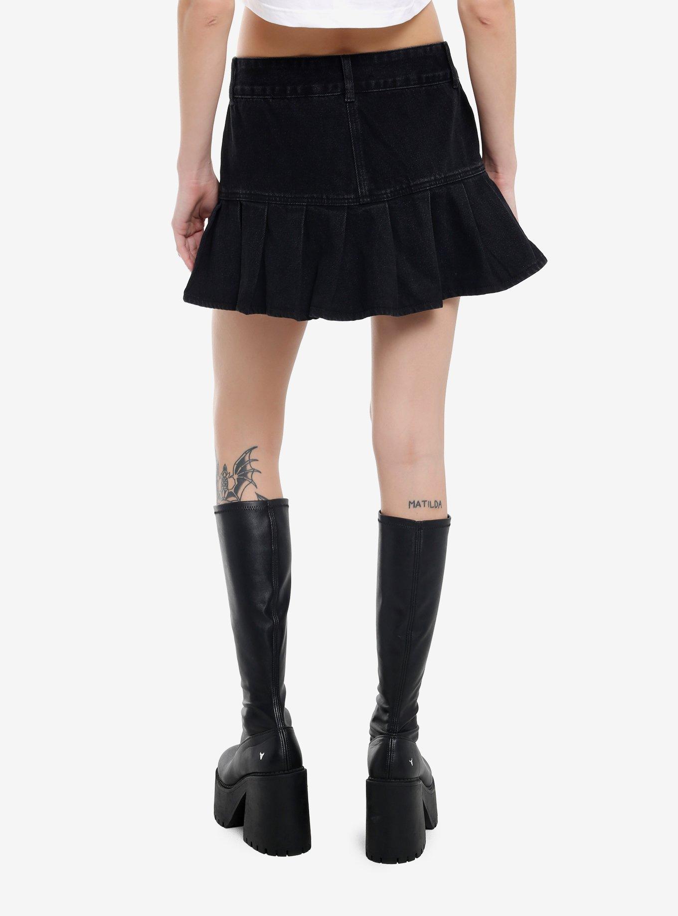 Black Denim Pleated Mini Skirt, , hi-res