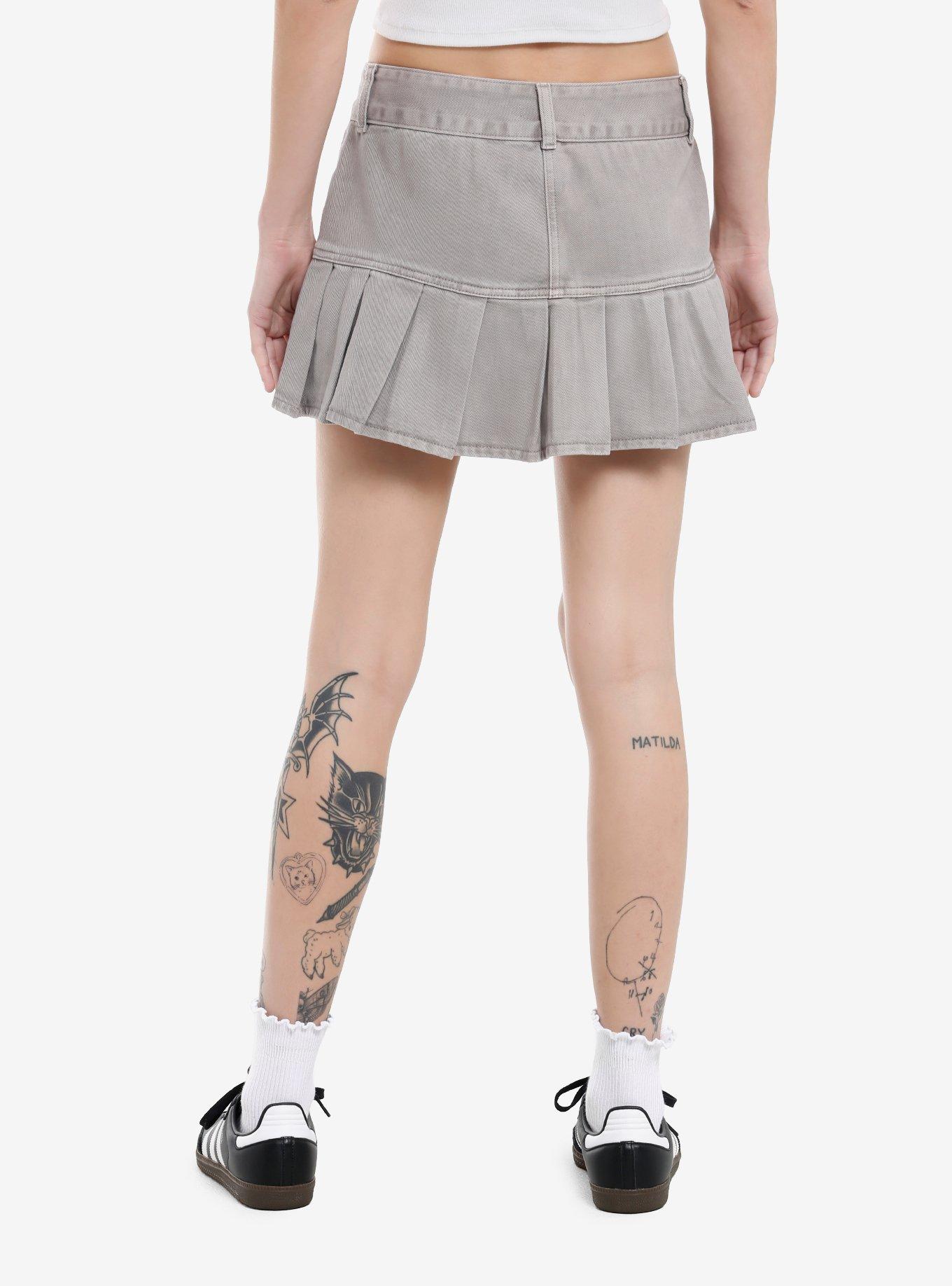 Grey Denim Pleated Mini Skirt, , hi-res