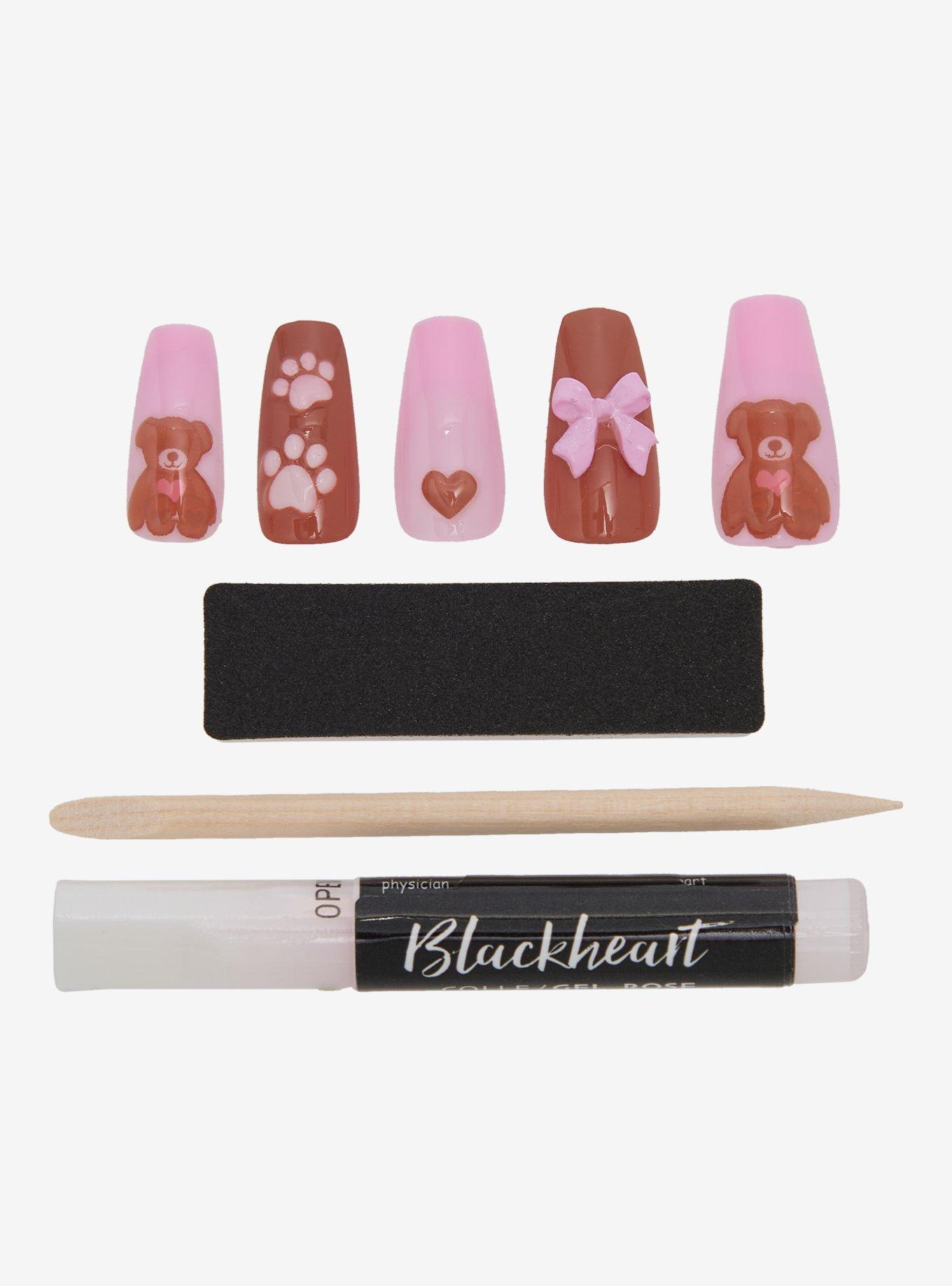Black Heart Teddy Bear Press-On Nail Set, , hi-res
