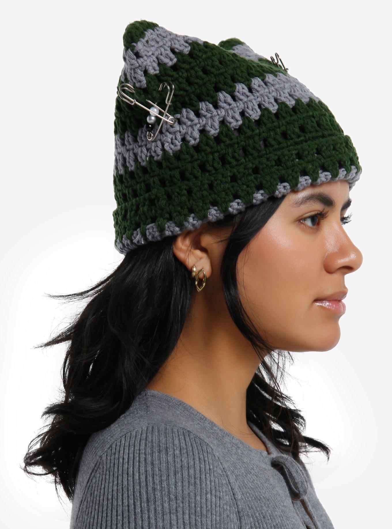 Green & Grey Pierced Bead Ear Beanie, , hi-res