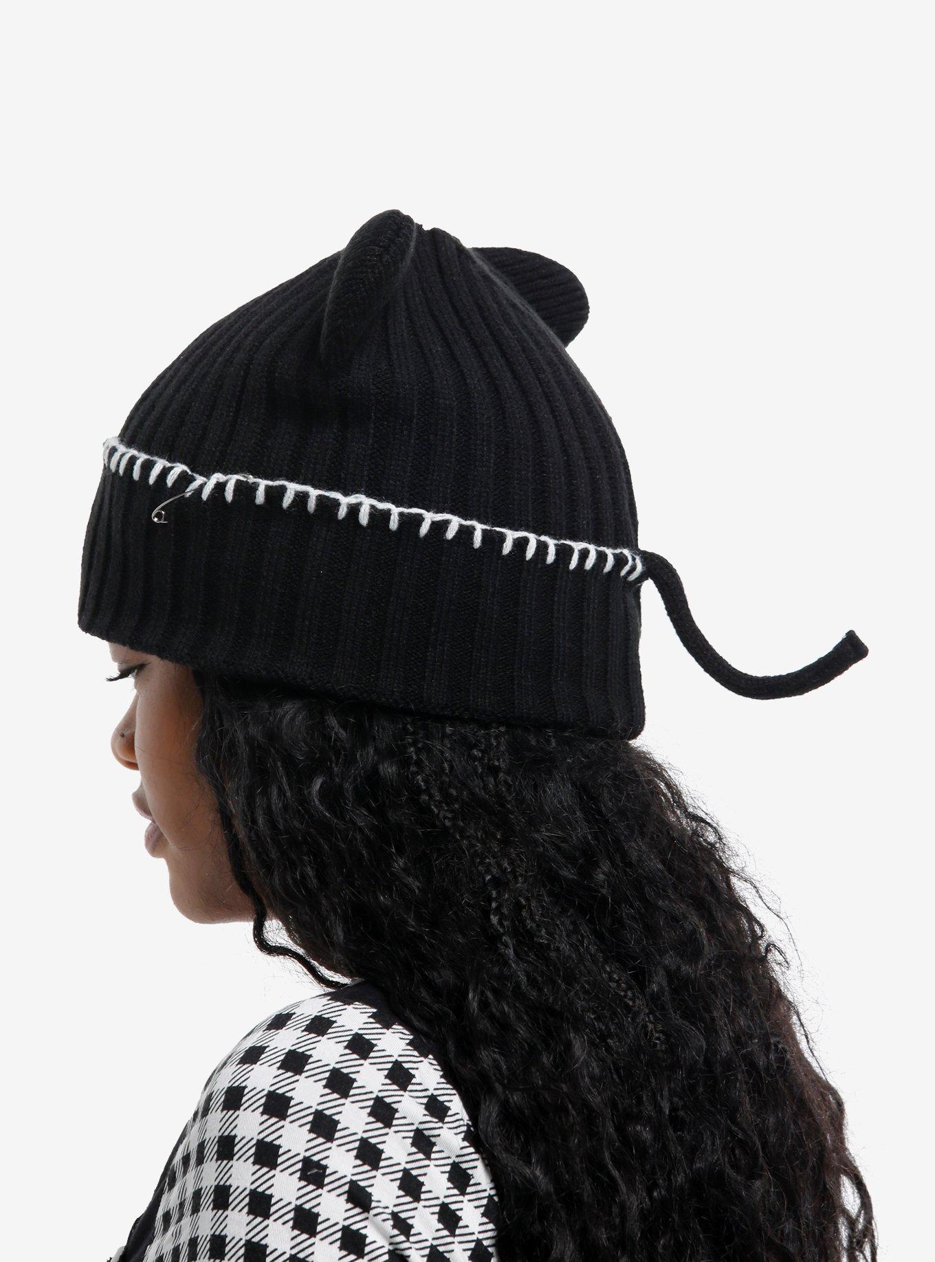 Cat Ear Safety Pin Contrast Stitch Beanie, , hi-res