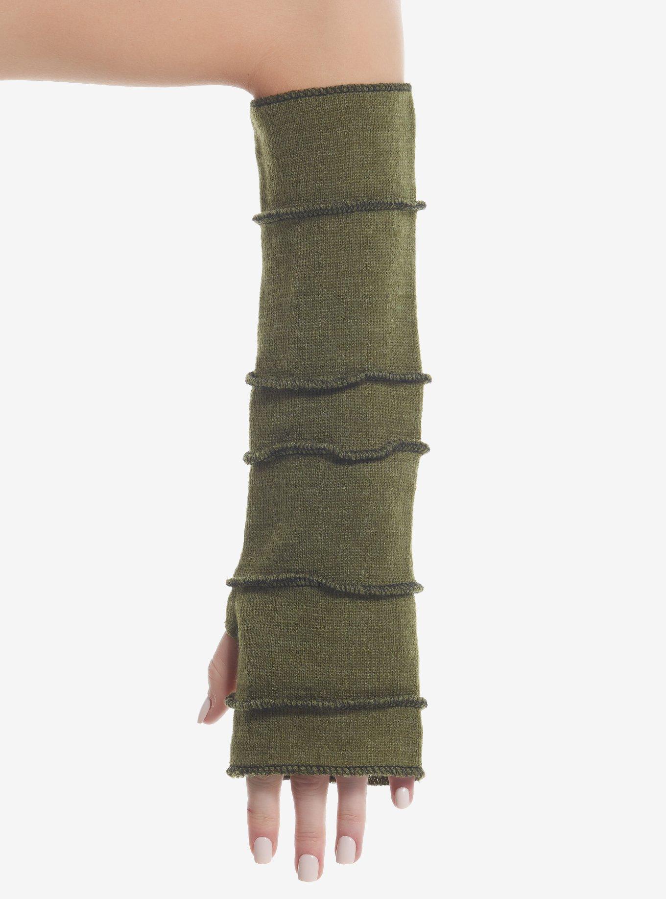 Olive Green Contrast Stitch Arm Warmers, , hi-res