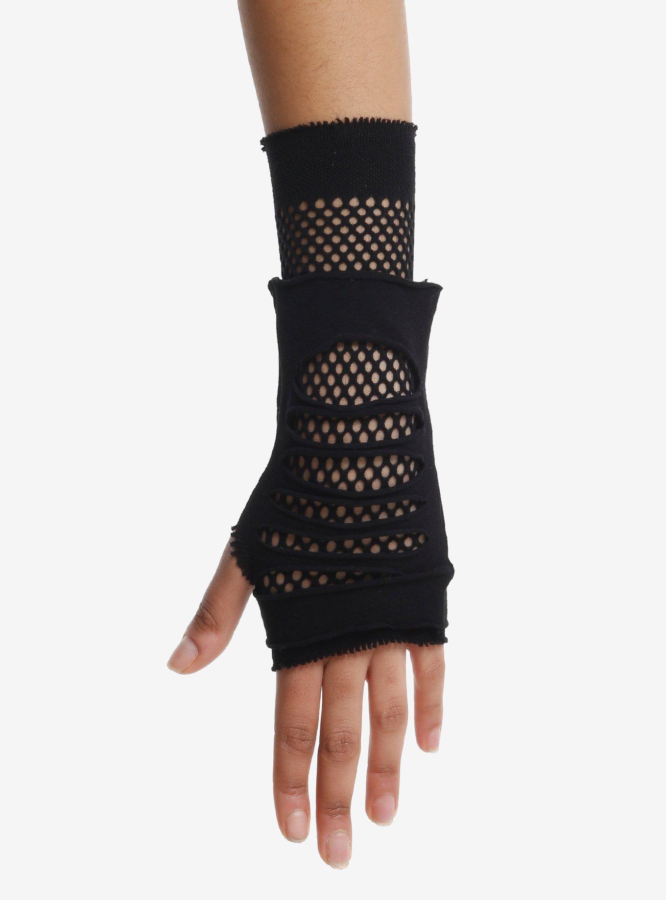 Black Fishnet Cutout Fingerless Gloves, , hi-res