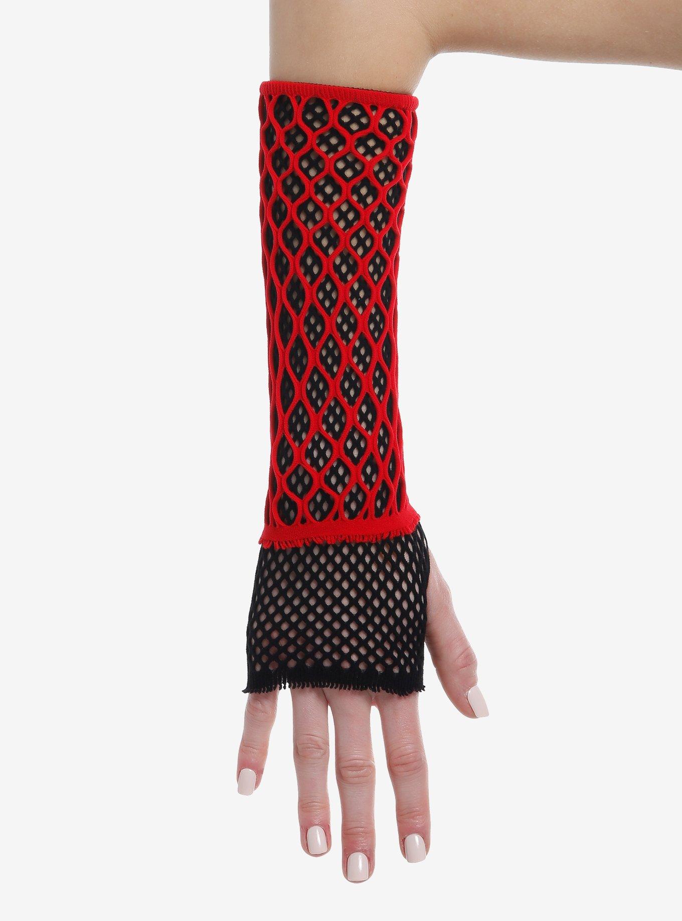 Red & Black Fishnet Layered Arm Warmers, , hi-res