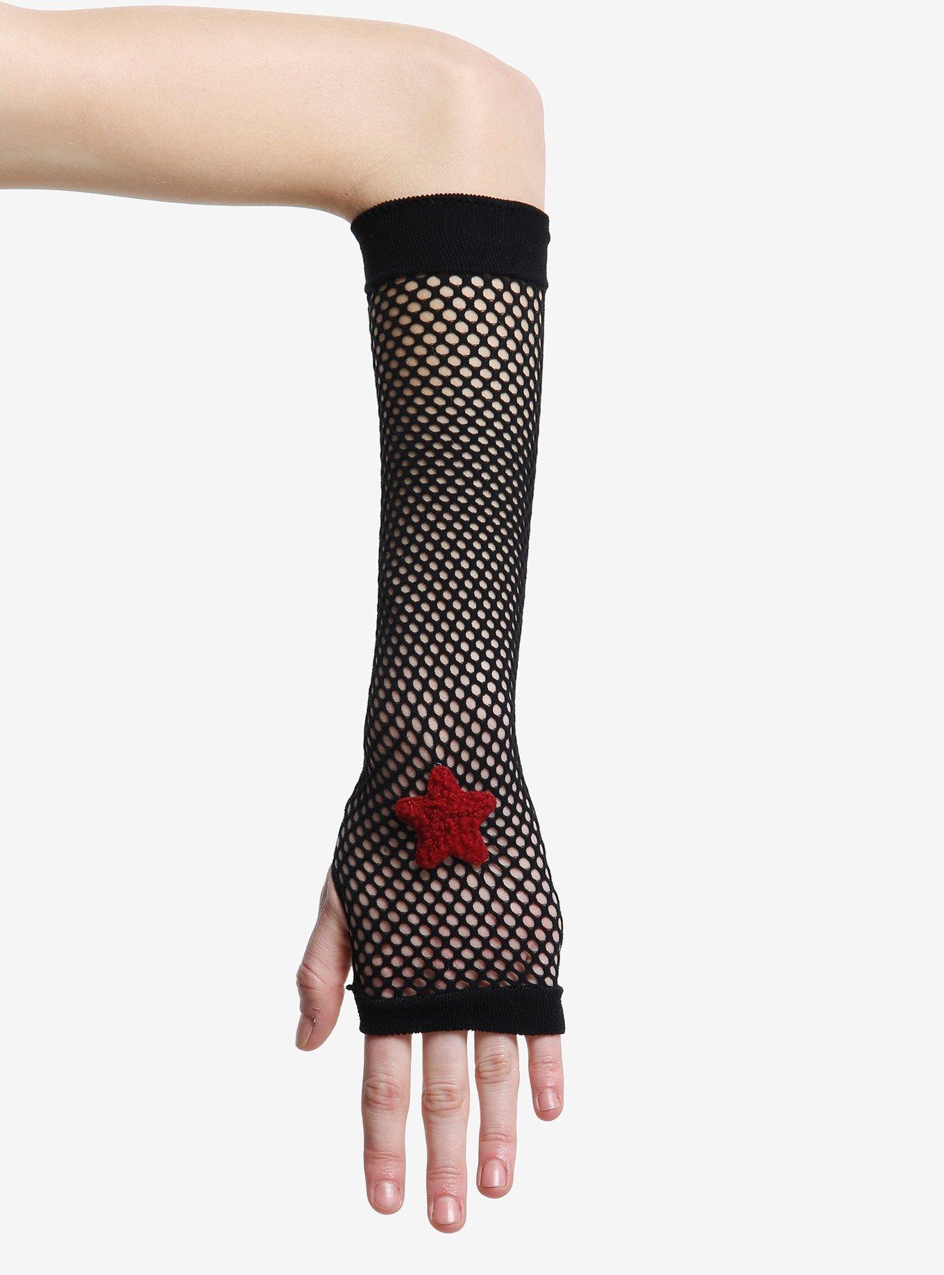 Black Fishnet Fuzzy Star Arm Warmers, , hi-res