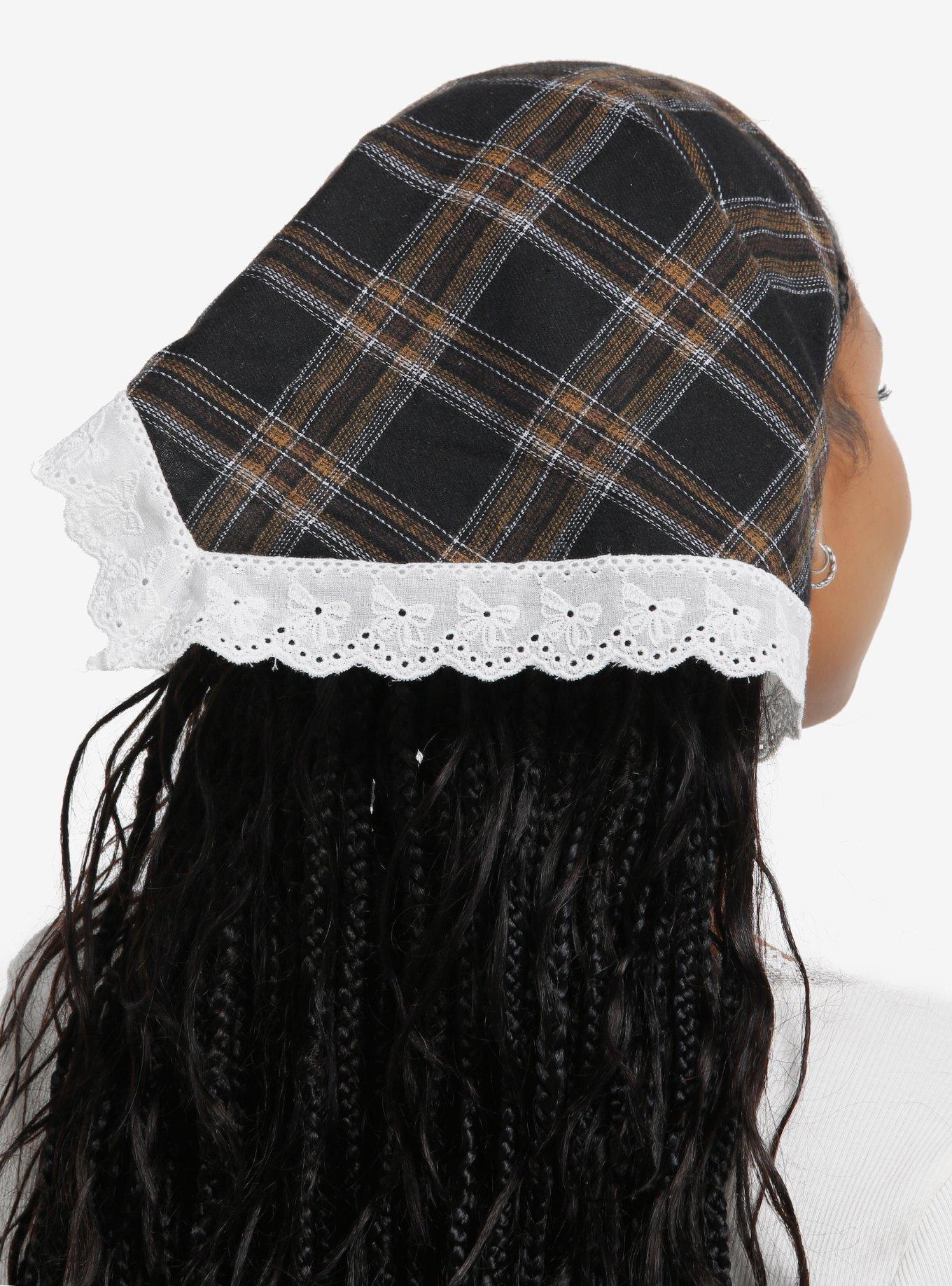 Black & Brown Plaid Eyelet Trim Hair Scarf, , hi-res