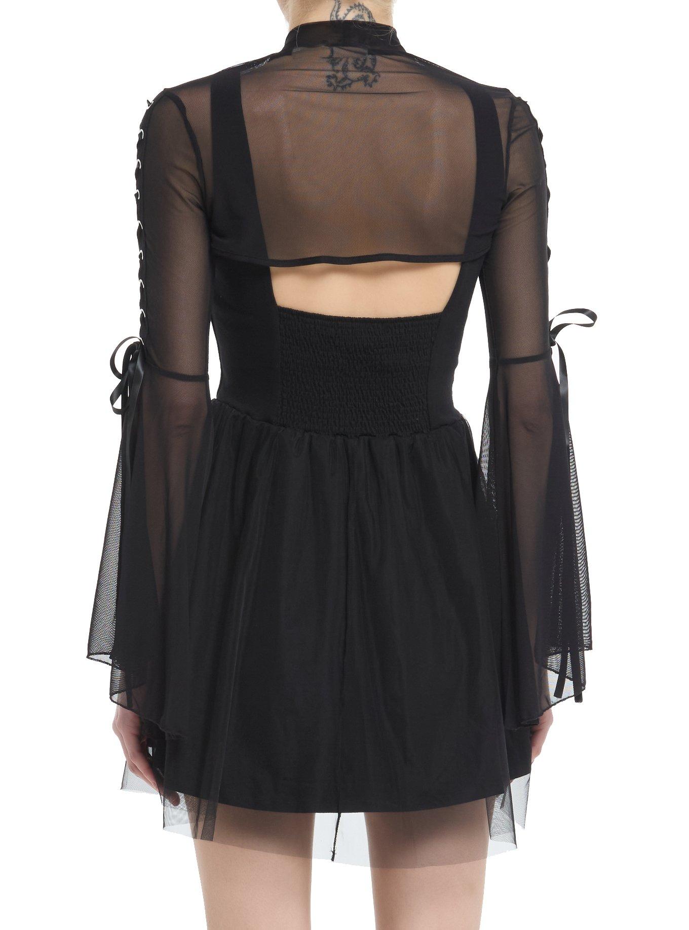 Cosmic Aura Black Mesh Star Lace-Up Bell Sleeve Bolero Girls Crop Shrug, BLACK, alternate