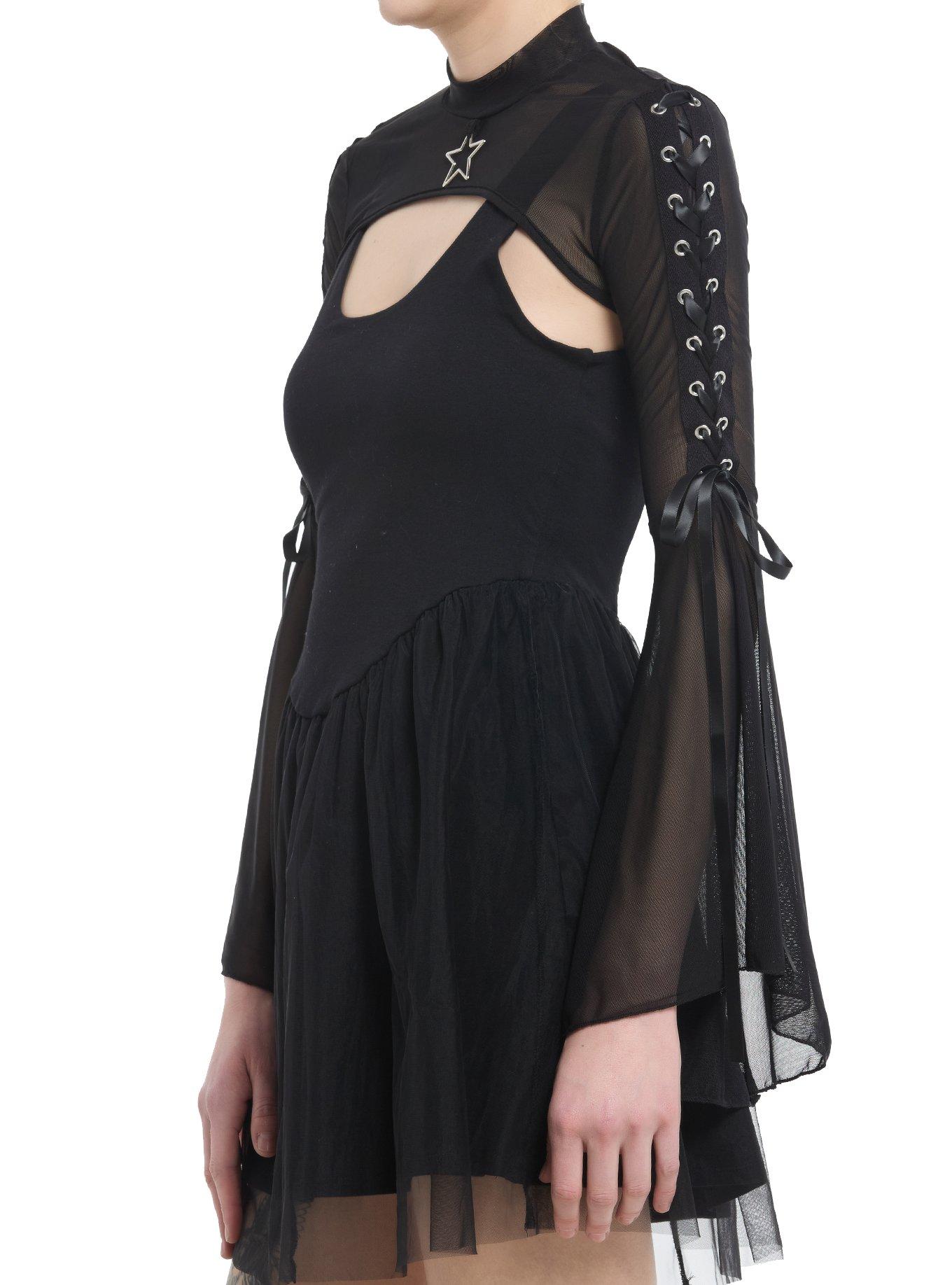 Cosmic Aura Black Mesh Star Lace-Up Bell Sleeve Bolero Girls Crop Shrug, BLACK, alternate