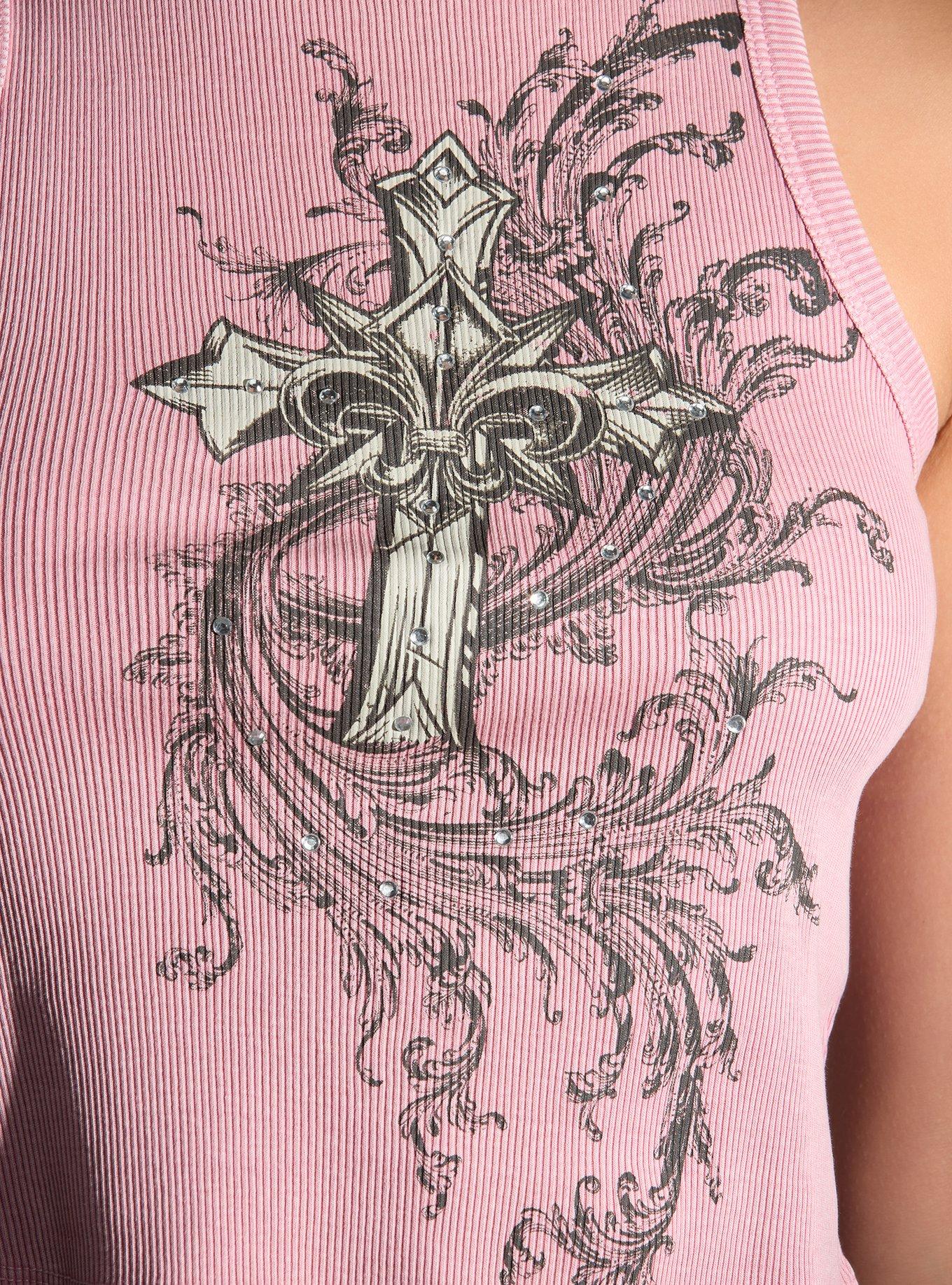 Pink Cross Filigree Girls Crop Tank Top, BLACK, alternate