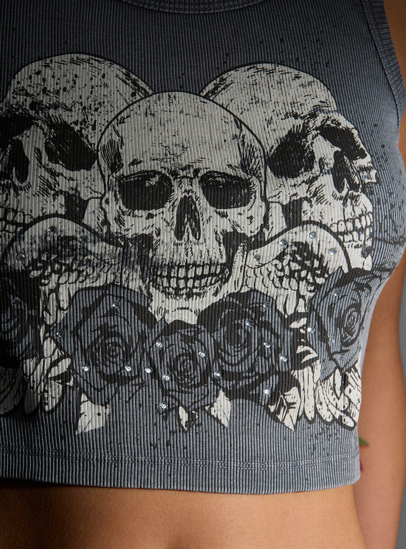 Grey Triple Skull Roses Girls Crop Tank Top, , alternate