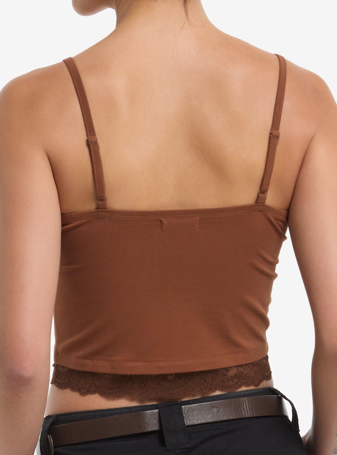 Brown Cross Lace Girls Crop Cami, BLACK, alternate