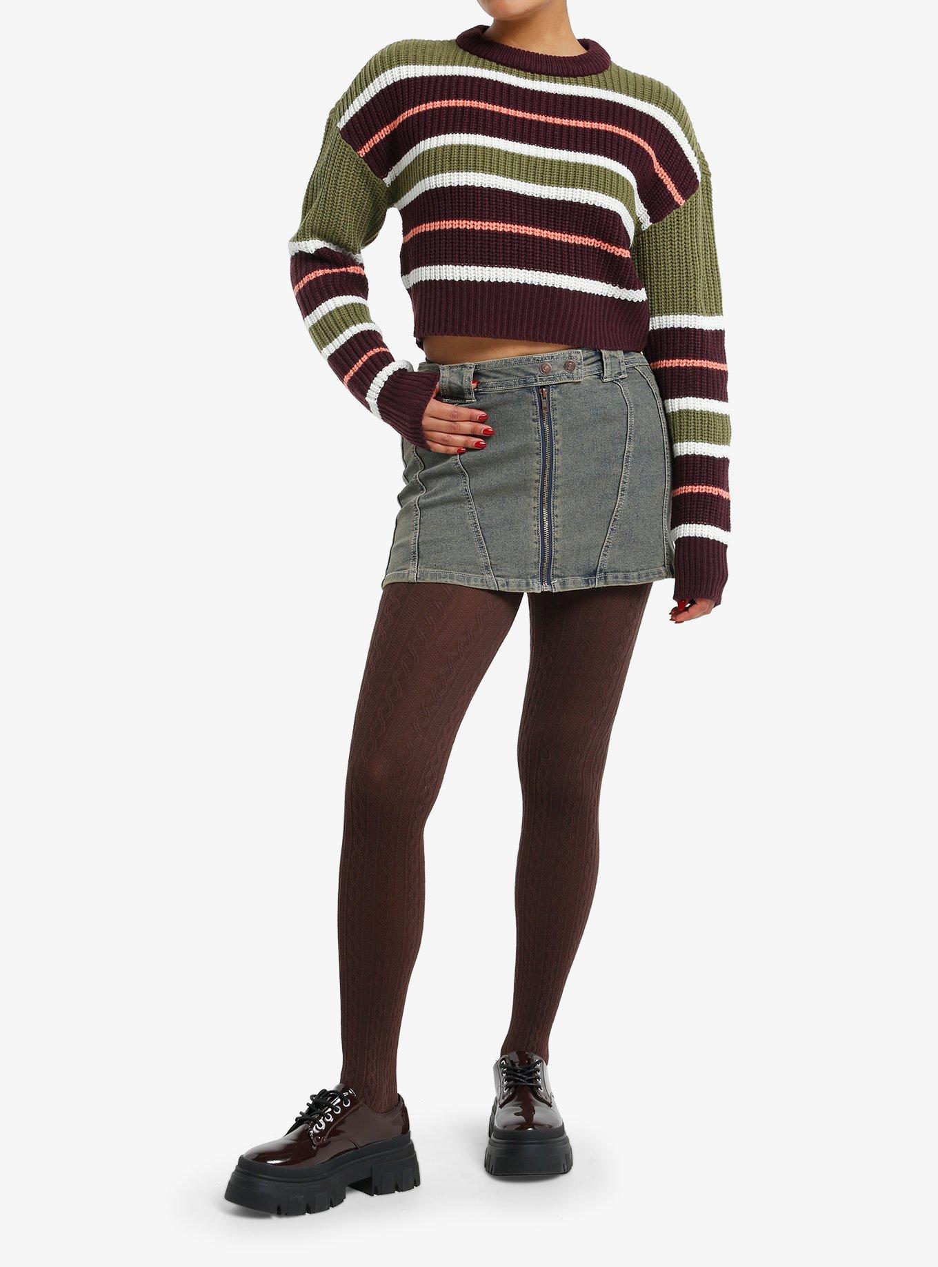Thorn & Fable Olive Green & Brown Stripe Girls Crop Sweater, , hi-res
