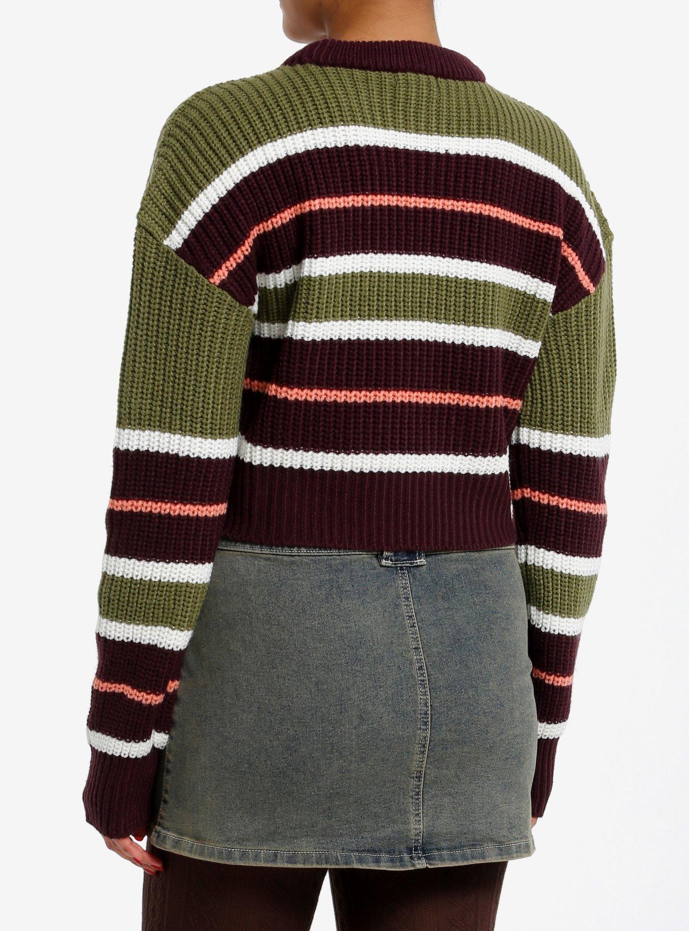 Thorn & Fable Olive Green & Brown Stripe Girls Crop Sweater, BROWN, alternate