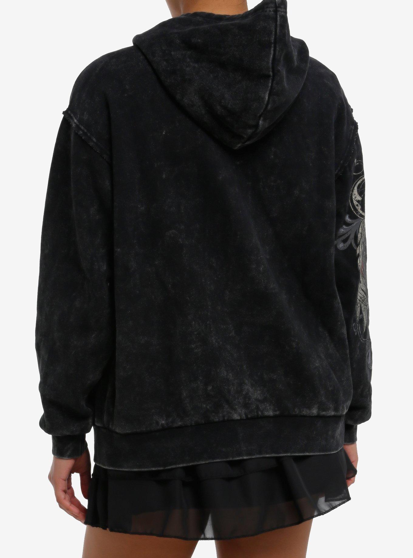Winged Gothic Cross Mineral Wash Girls Hoodie, BLACK, alternate