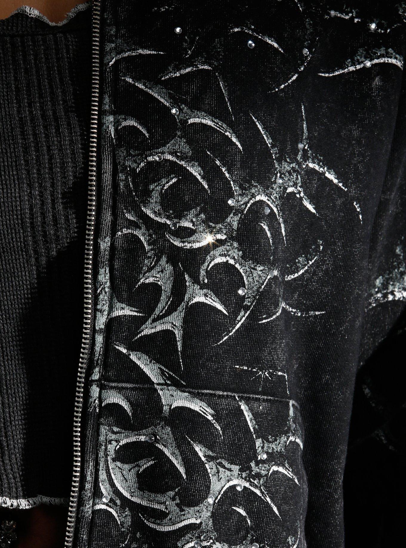 Cyber Tribal Rhinestone Pigment-Dyed Girls Hoodie, BLACK, alternate