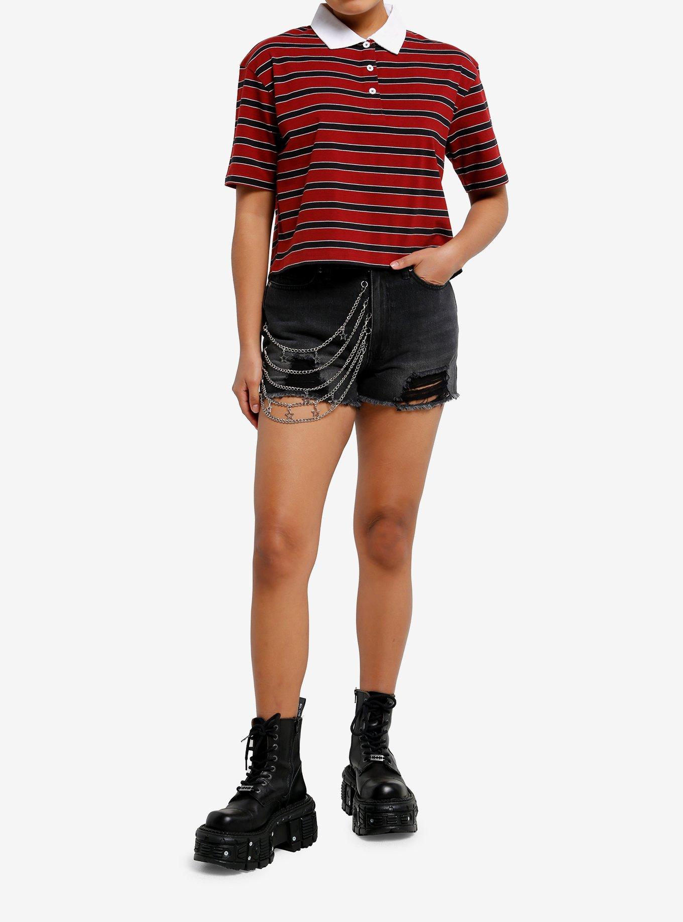 Red & Black Stripe Girls Crop Polo Shirt, , hi-res