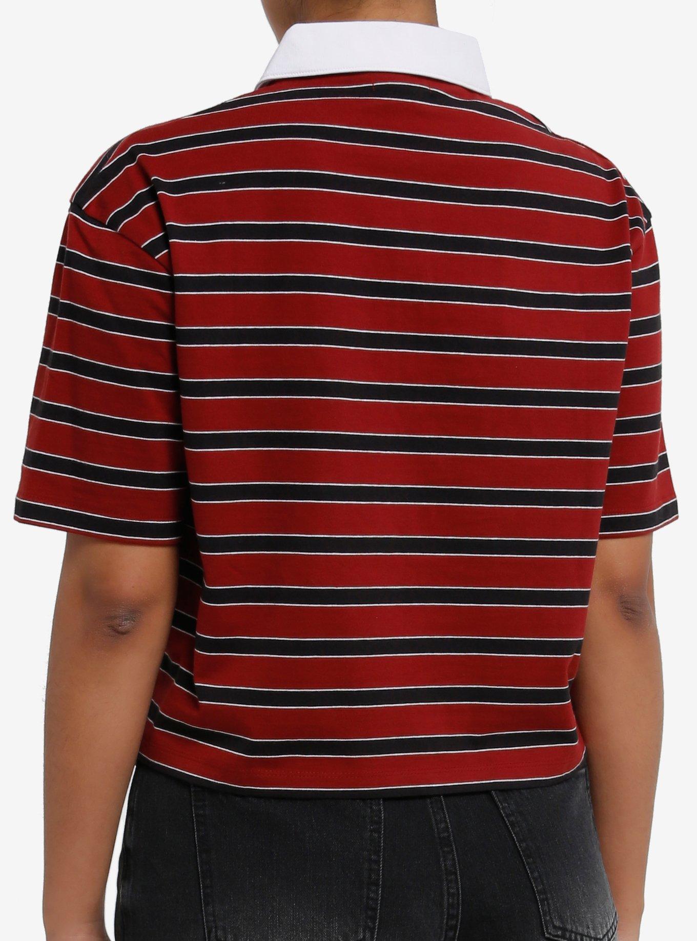 Red & Black Stripe Girls Crop Polo Shirt, BLACK, alternate