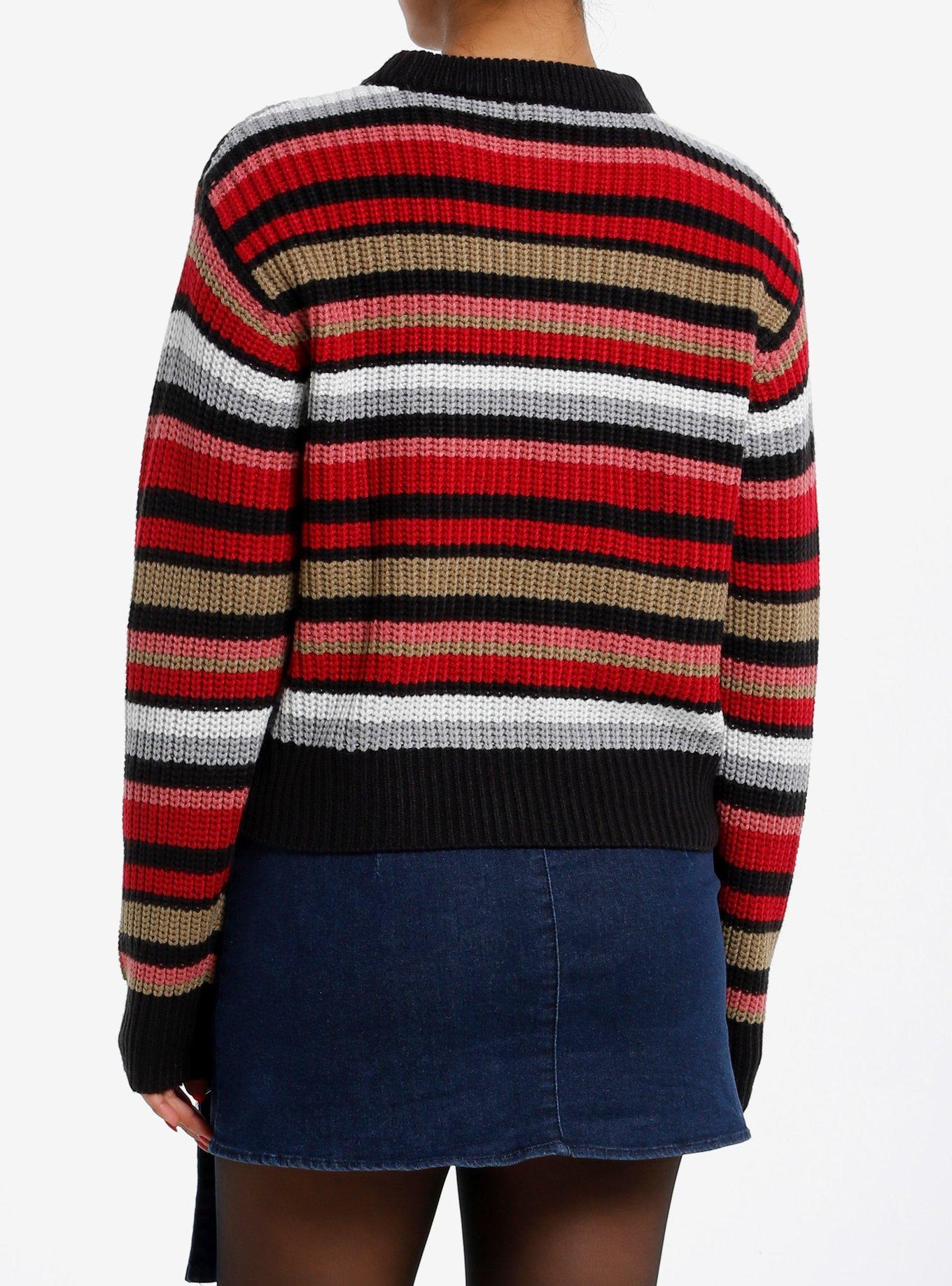 Red & Grey Multi-Stripe Girls Knit Sweater, BLACK, alternate