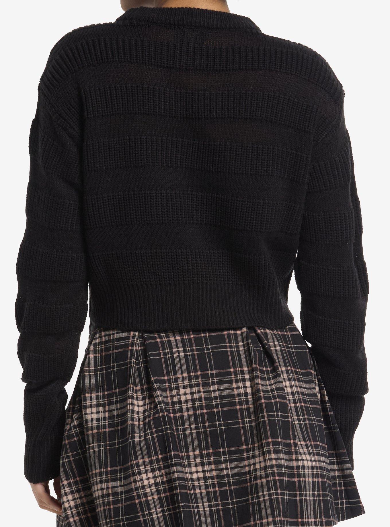 Black Shadow Stripe Girls Crop Sweater, BLACK, alternate
