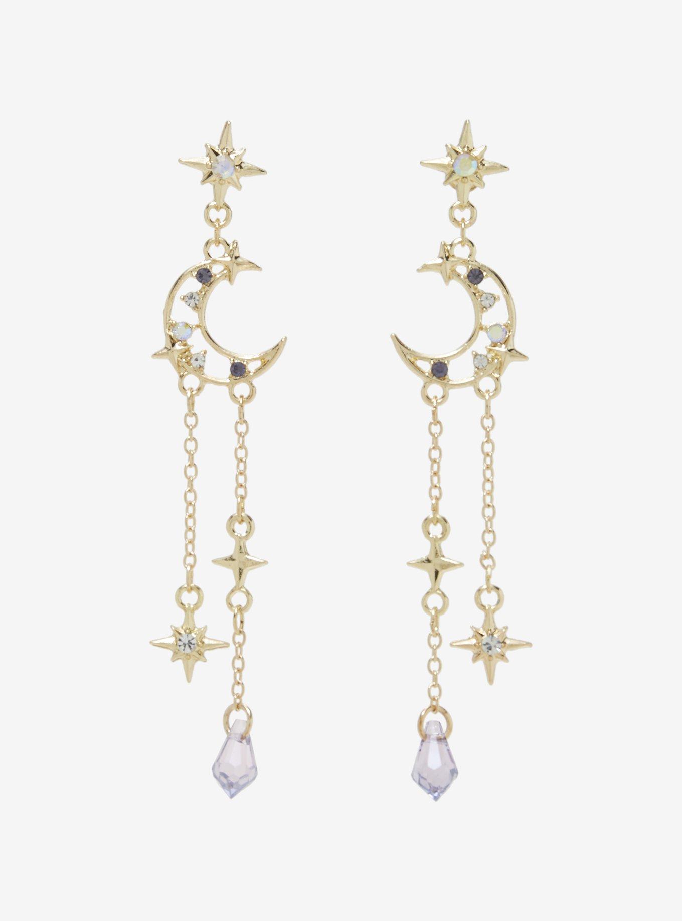Cosmic Aura Crescent Moon Star Stud Drop Earrings, , hi-res
